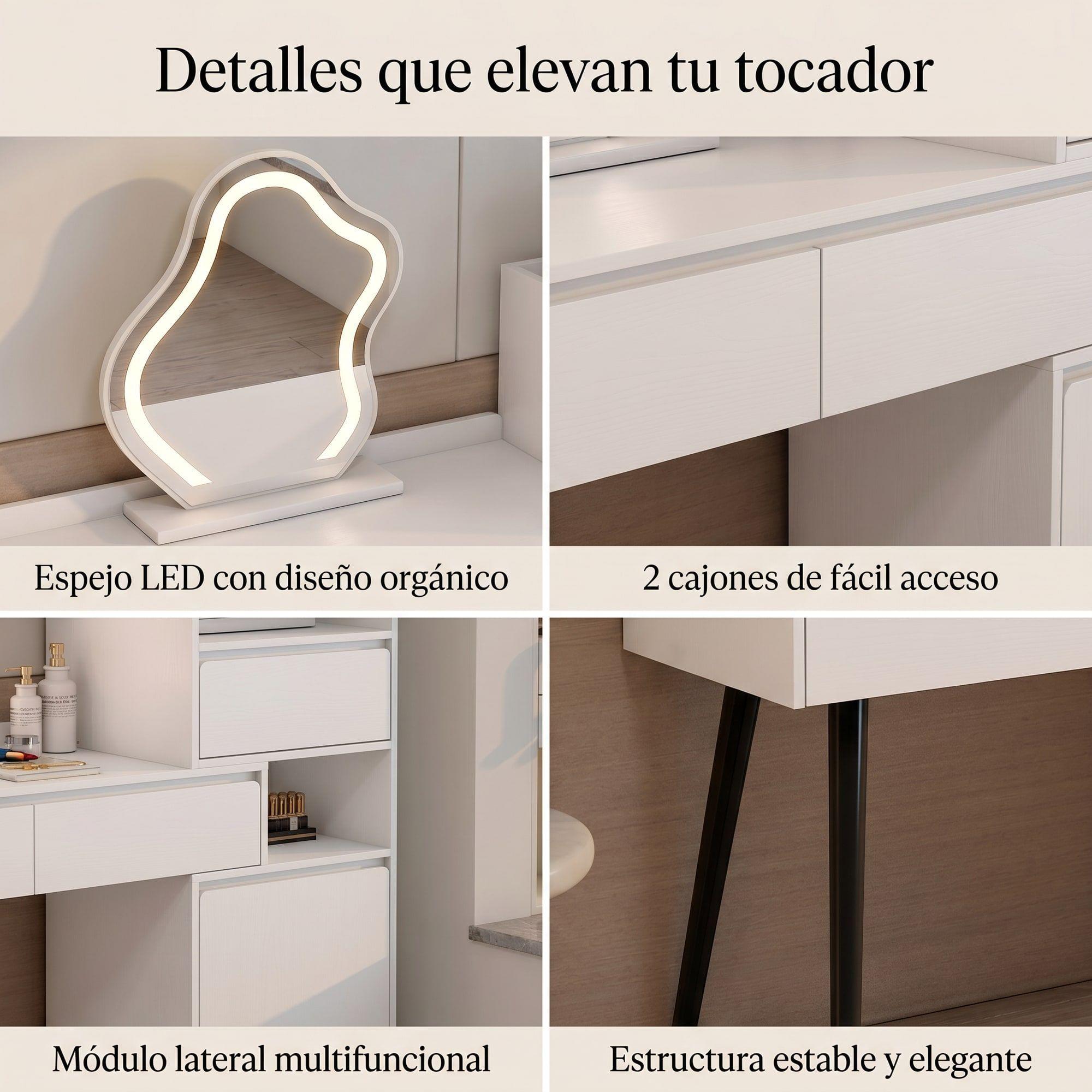 Tocador Extendible Espejo Con Luz 80-120cm Estilo Europeo Color Blanco-3