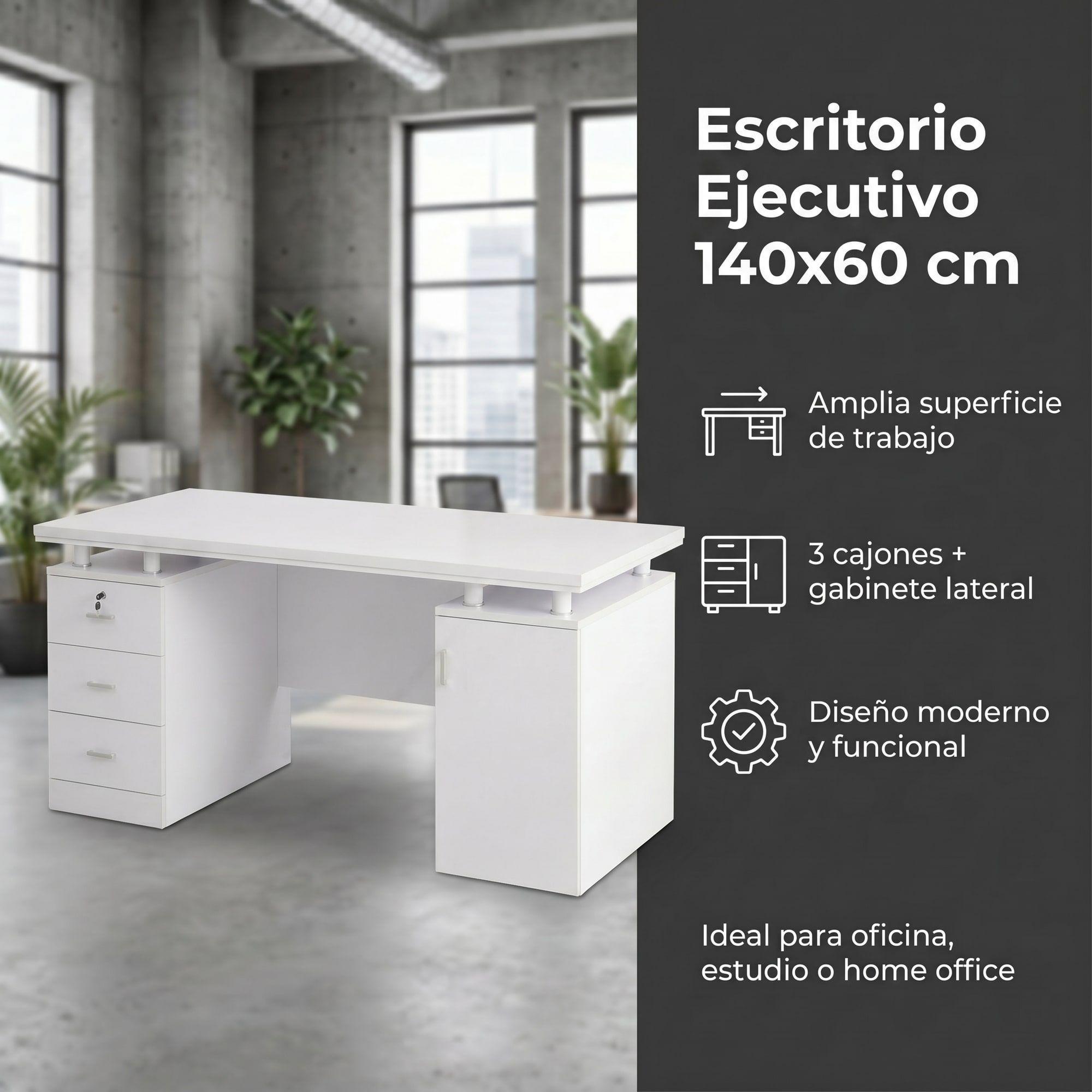 Escritorio Moderno Con Cajoneras 140x60x77cm Para Oficina Blanco-2