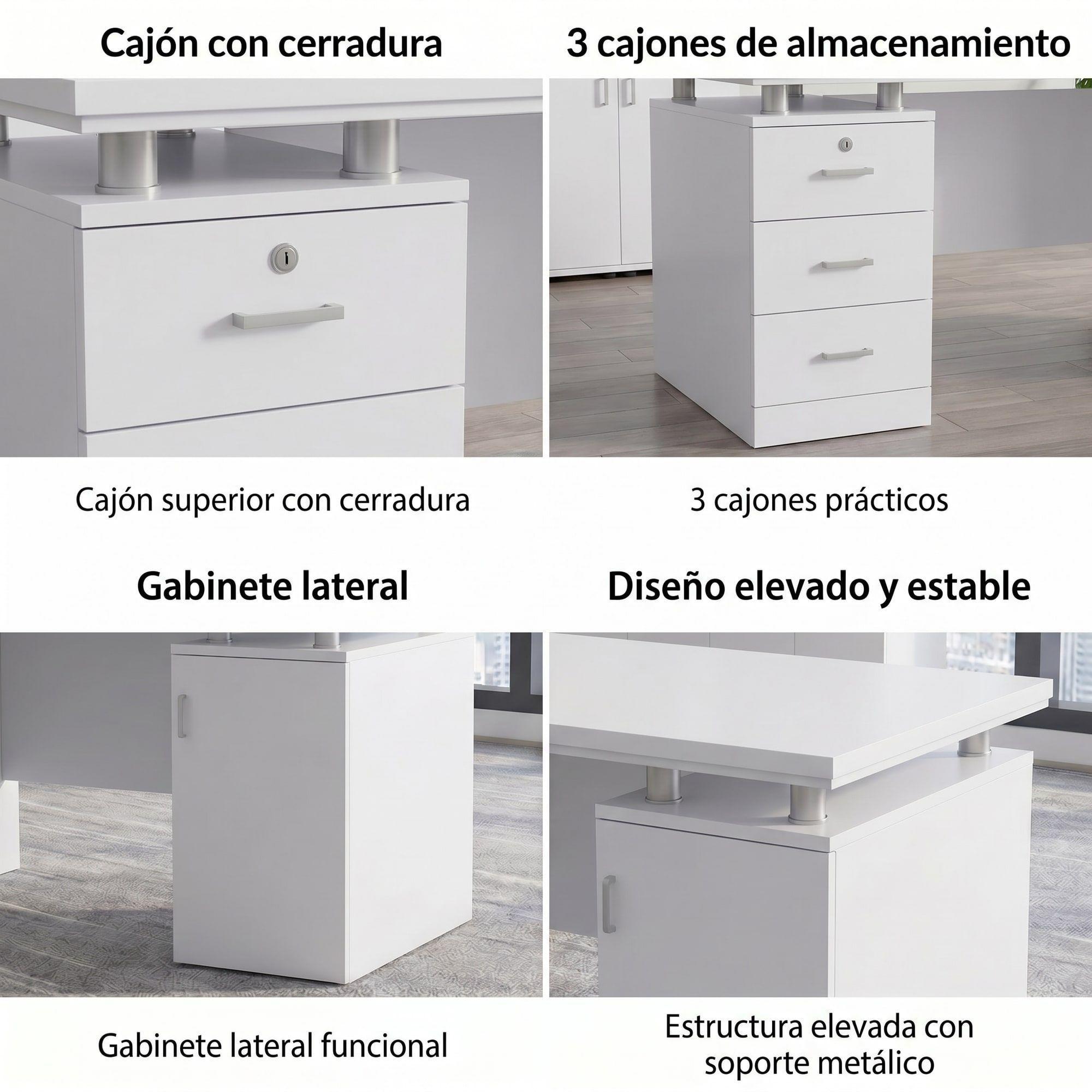 Escritorio Moderno Con Cajoneras 140x60x77cm Para Oficina Blanco-4