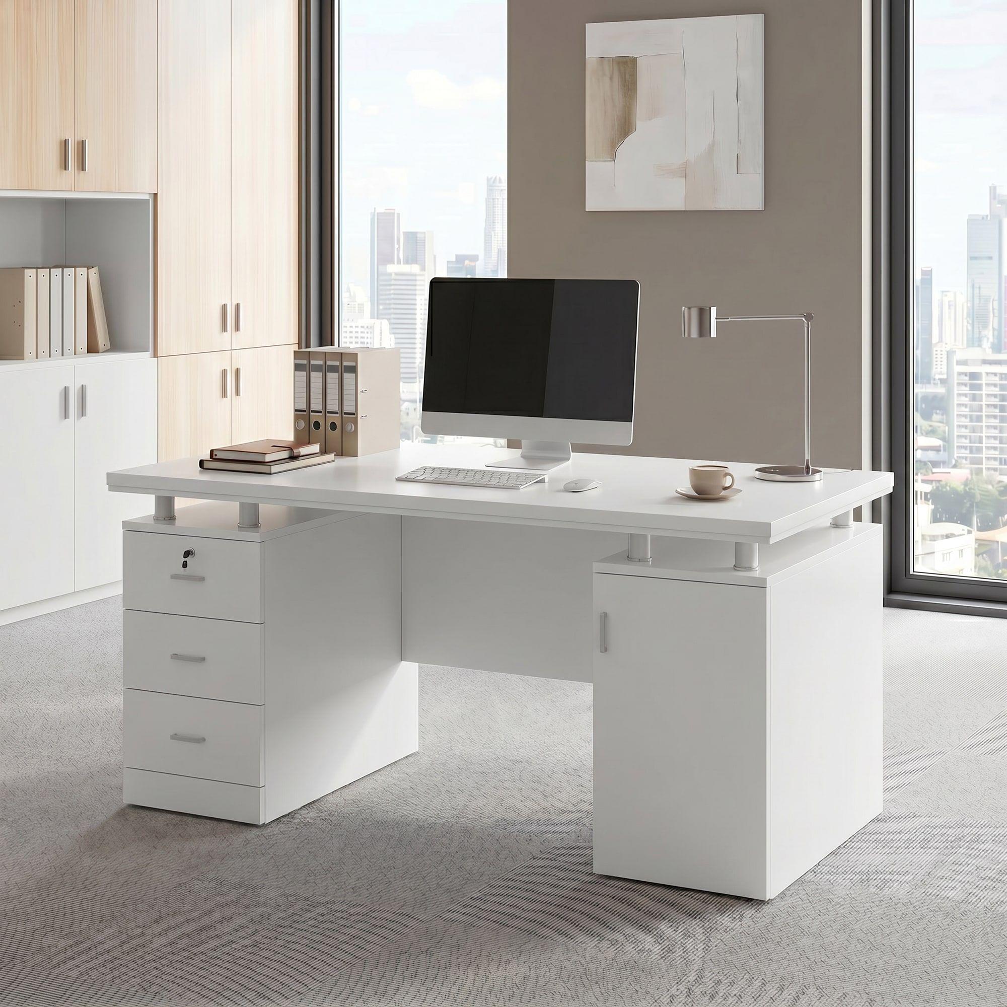 Escritorio Moderno Con Cajoneras 140x60x77cm Para Oficina Blanco-6