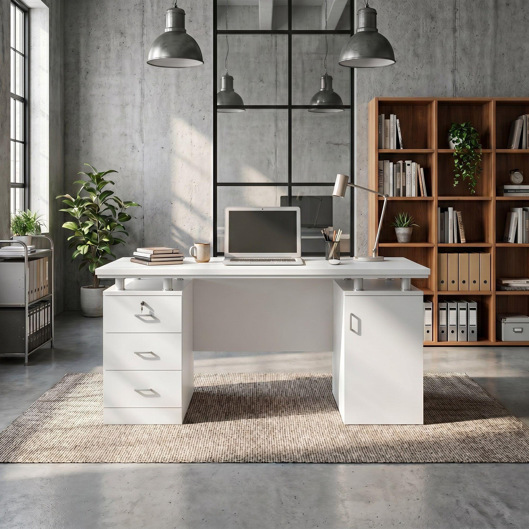 Escritorio Moderno Con Cajoneras 140x60x77cm Para Oficina Blanco-7