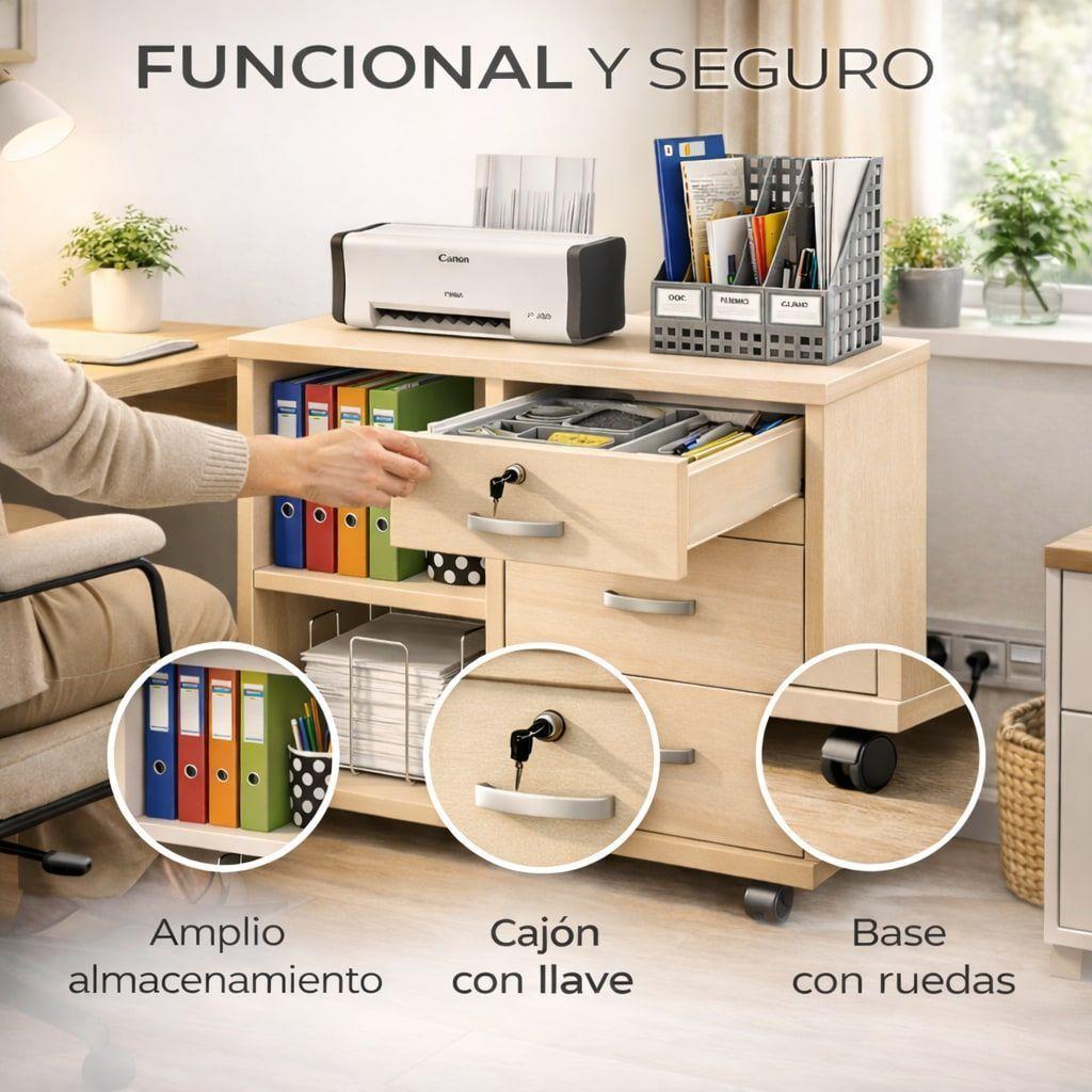 Mueble De Oficina Cajonera Archivador Llave Con Rueda 60cm Arce-5