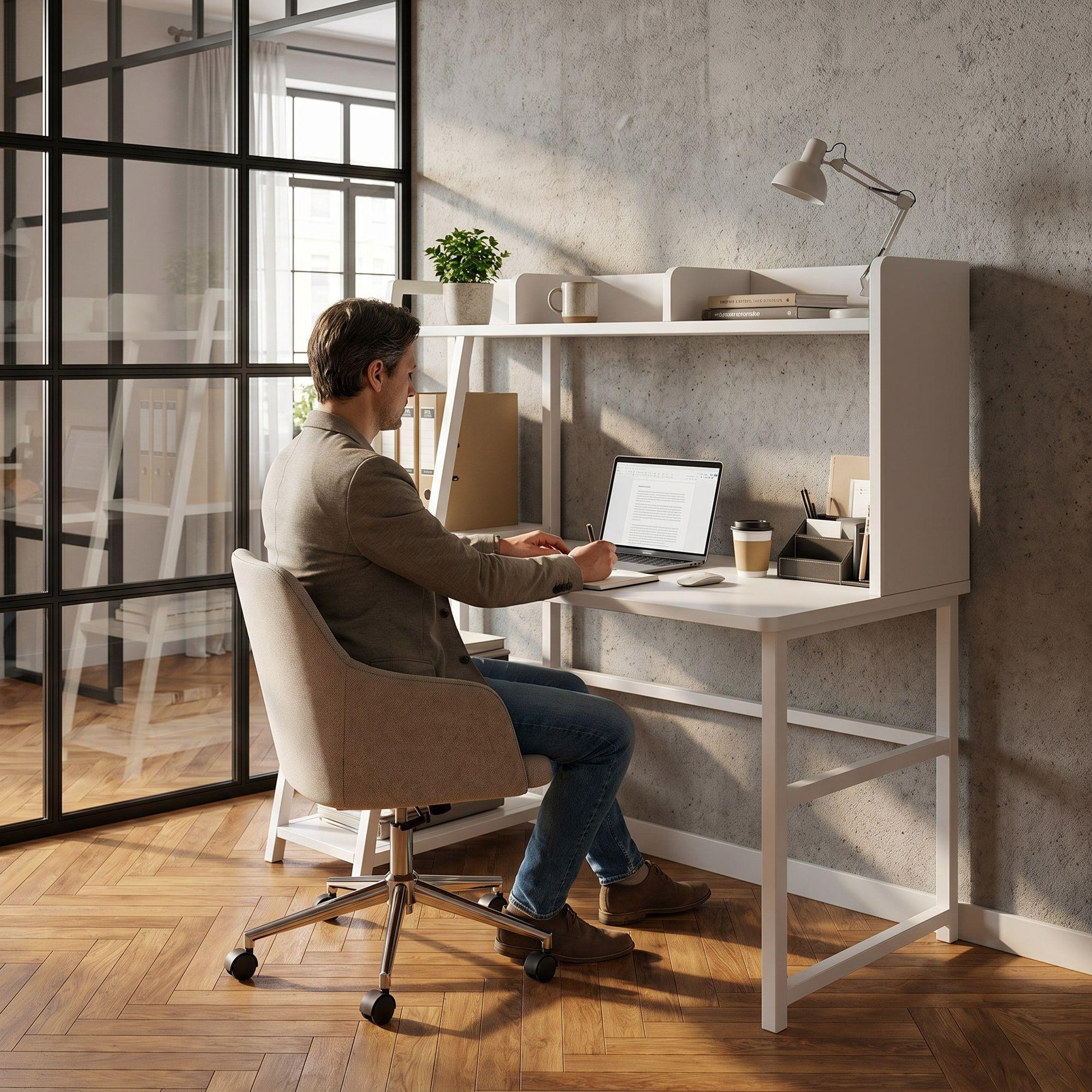 Escritorio Moderno Oficina Con Repisas Organizador120x128x45 Blanco-4