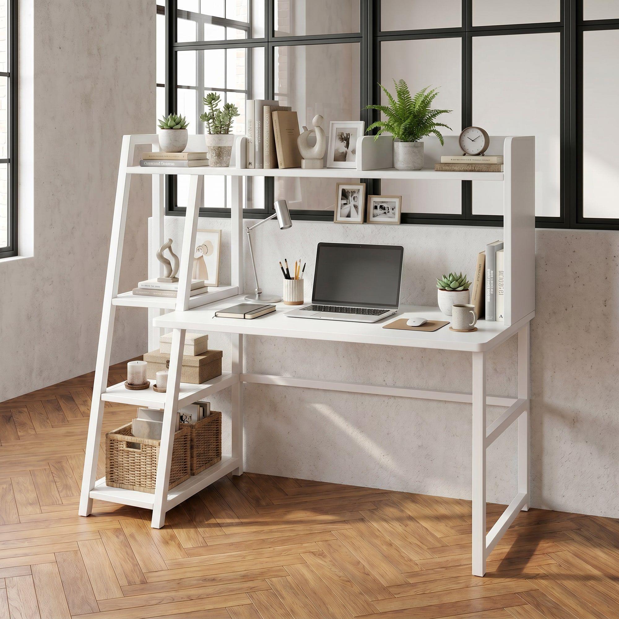 Escritorio Moderno Oficina Con Repisas Organizador120x128x45 Blanco-7