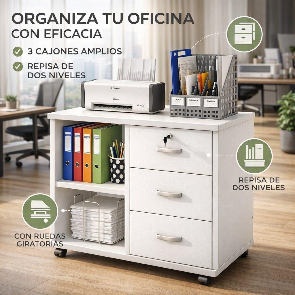 Mueble De Oficina Cajonera Archivador Llave Con Rueda 60cm Blanco-1
