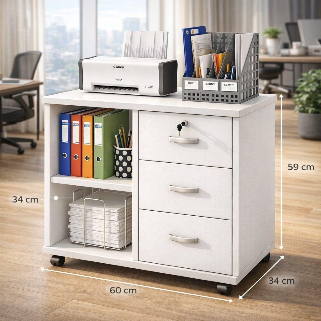 Mueble De Oficina Cajonera Archivador Llave Con Rueda 60cm Blanco-2