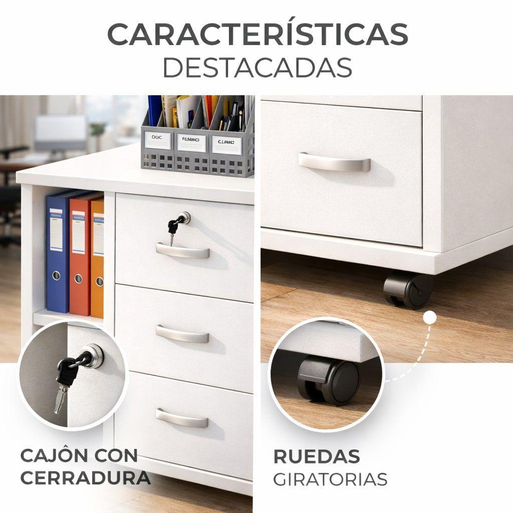 Mueble De Oficina Cajonera Archivador Llave Con Rueda 60cm Blanco-3