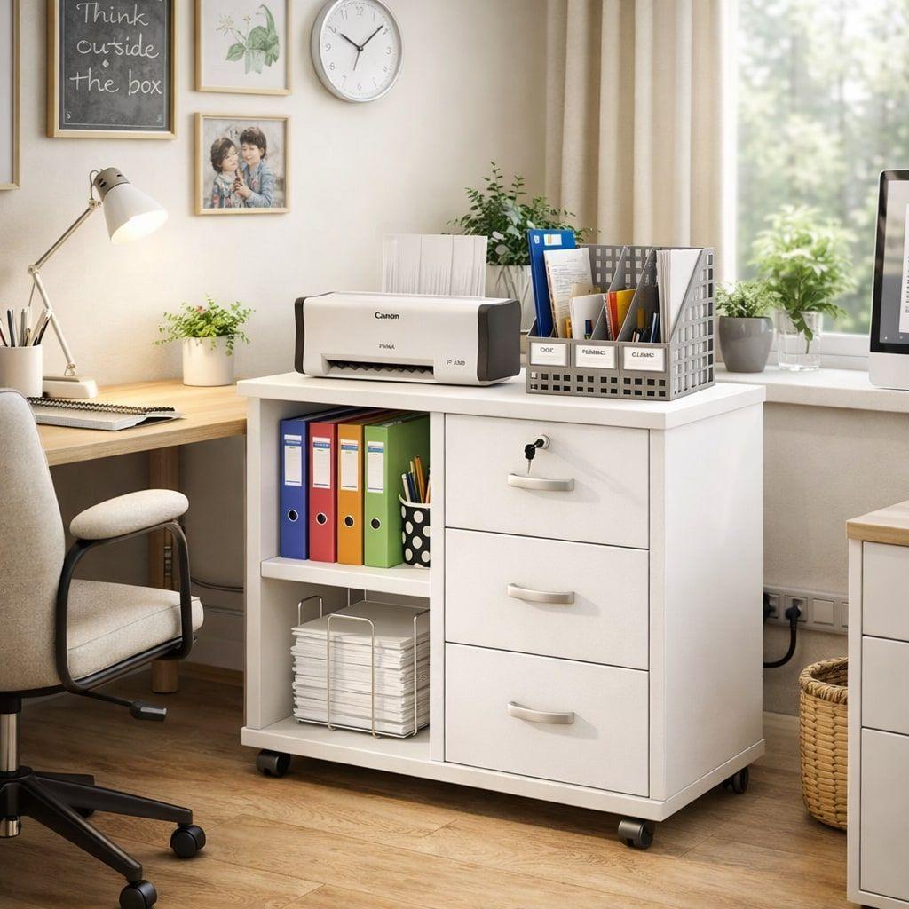 Mueble De Oficina Cajonera Archivador Llave Con Rueda 60cm Blanco-4