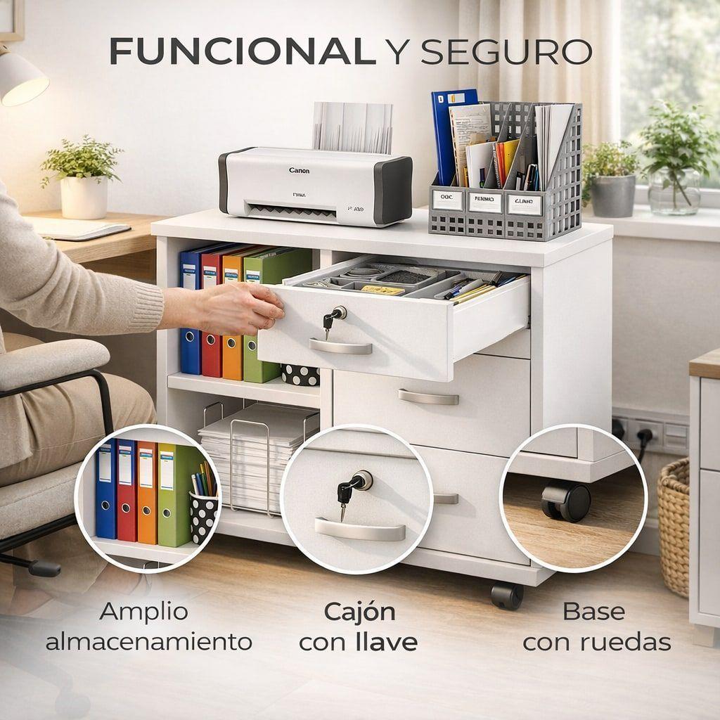 Mueble De Oficina Cajonera Archivador Llave Con Rueda 60cm Blanco-5