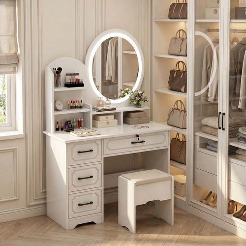 Tocador Melamina Con Taburete Luz 80*40*137cm Estilo Europeo-6