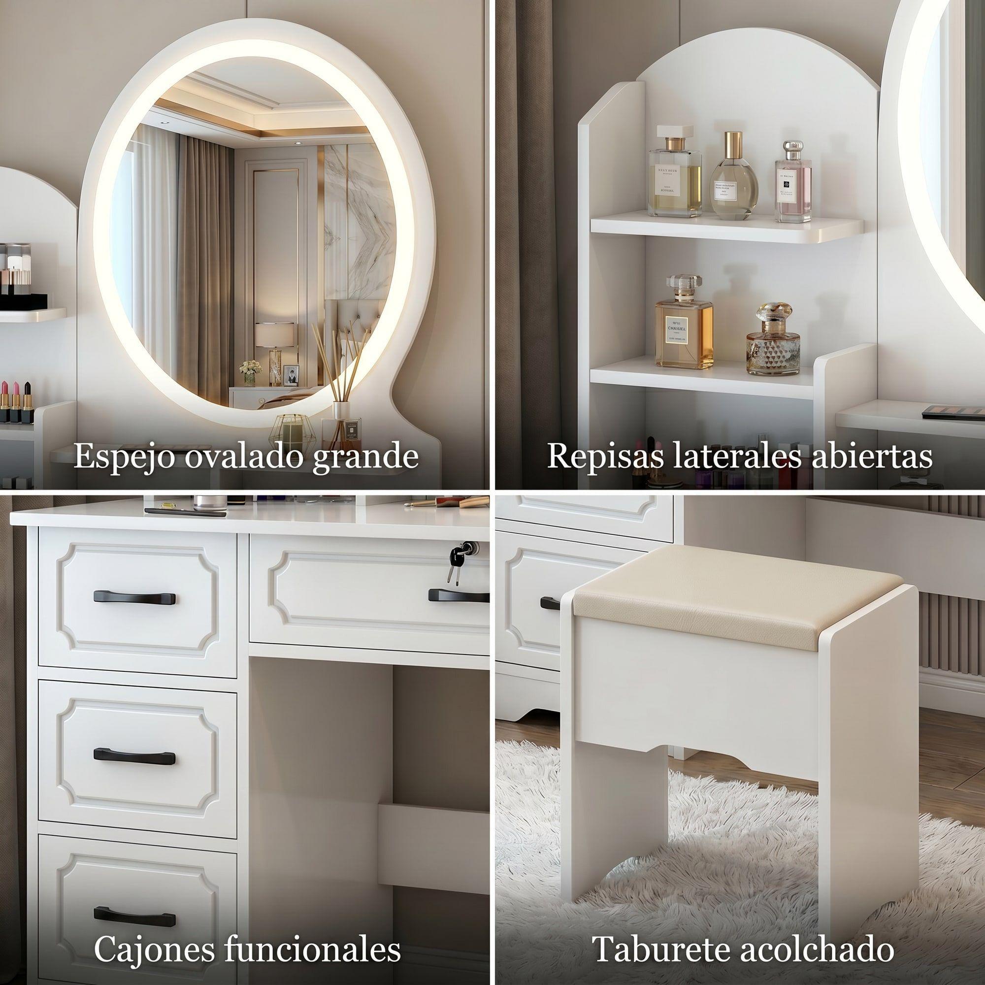 Tocador Melamina Con Taburete Luz 80*40*137cm Estilo Europeo-3