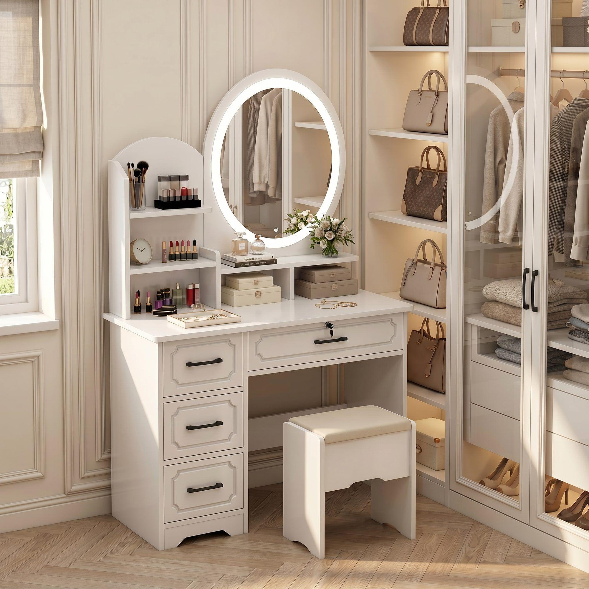 Tocador Melamina Con Taburete Luz 80*40*137cm Estilo Europeo-6