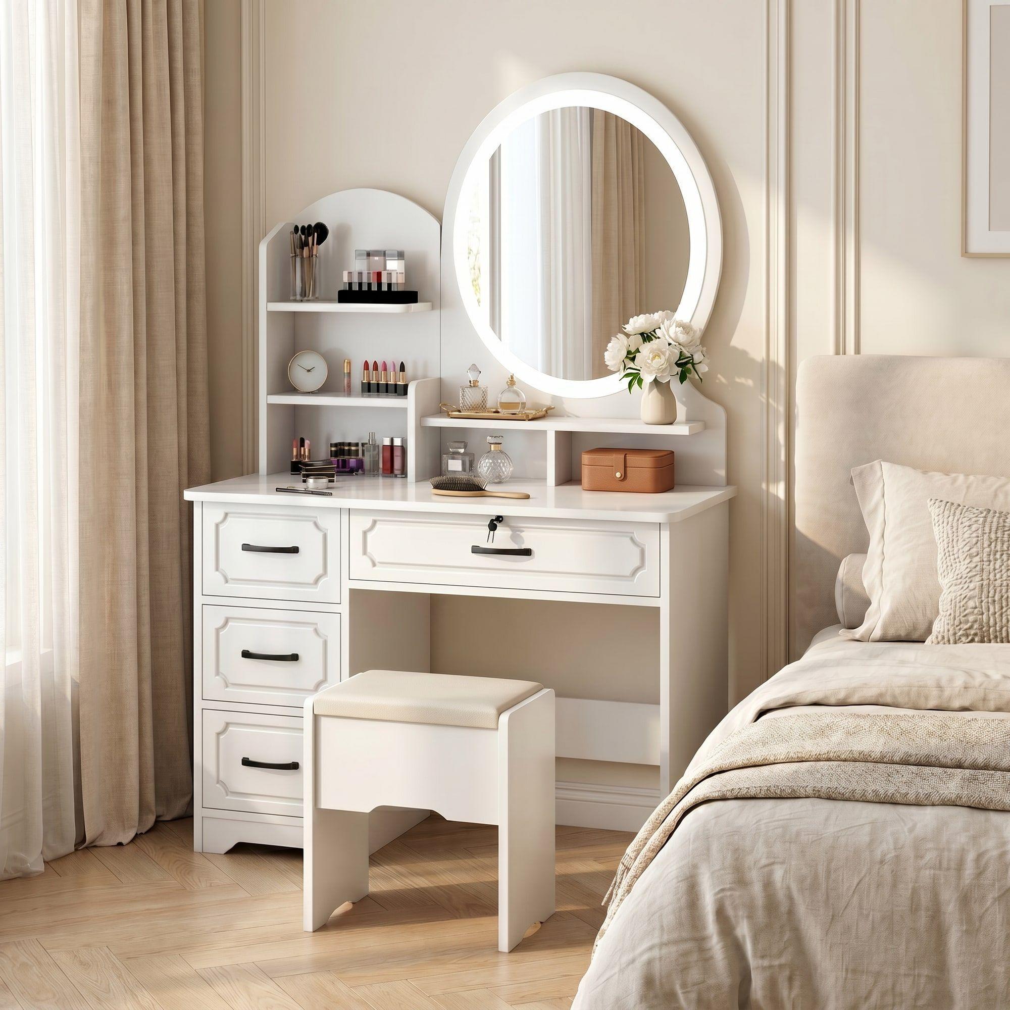 Tocador Melamina Con Taburete Luz 80*40*137cm Estilo Europeo-7