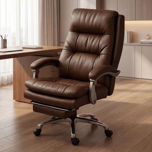 Silla Oficina Gerencial Asiento De Cuero Pata Acero Premium Color Café Material Del Tapizado Cuero-0