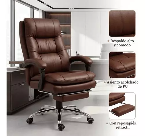 Silla Oficina Gerencial Asiento De Cuero Pata Acero Premium Color Café Material Del Tapizado Cuero-1