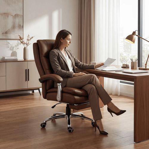 Silla Oficina Gerencial Asiento De Cuero Pata Acero Premium Color Café Material Del Tapizado Cuero-2