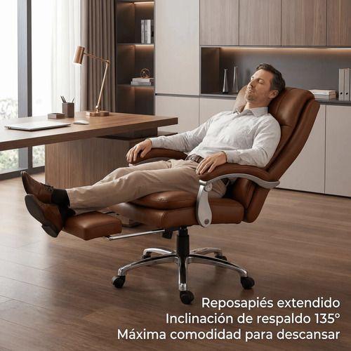 Silla Oficina Gerencial Asiento De Cuero Pata Acero Premium Color Café Material Del Tapizado Cuero-3