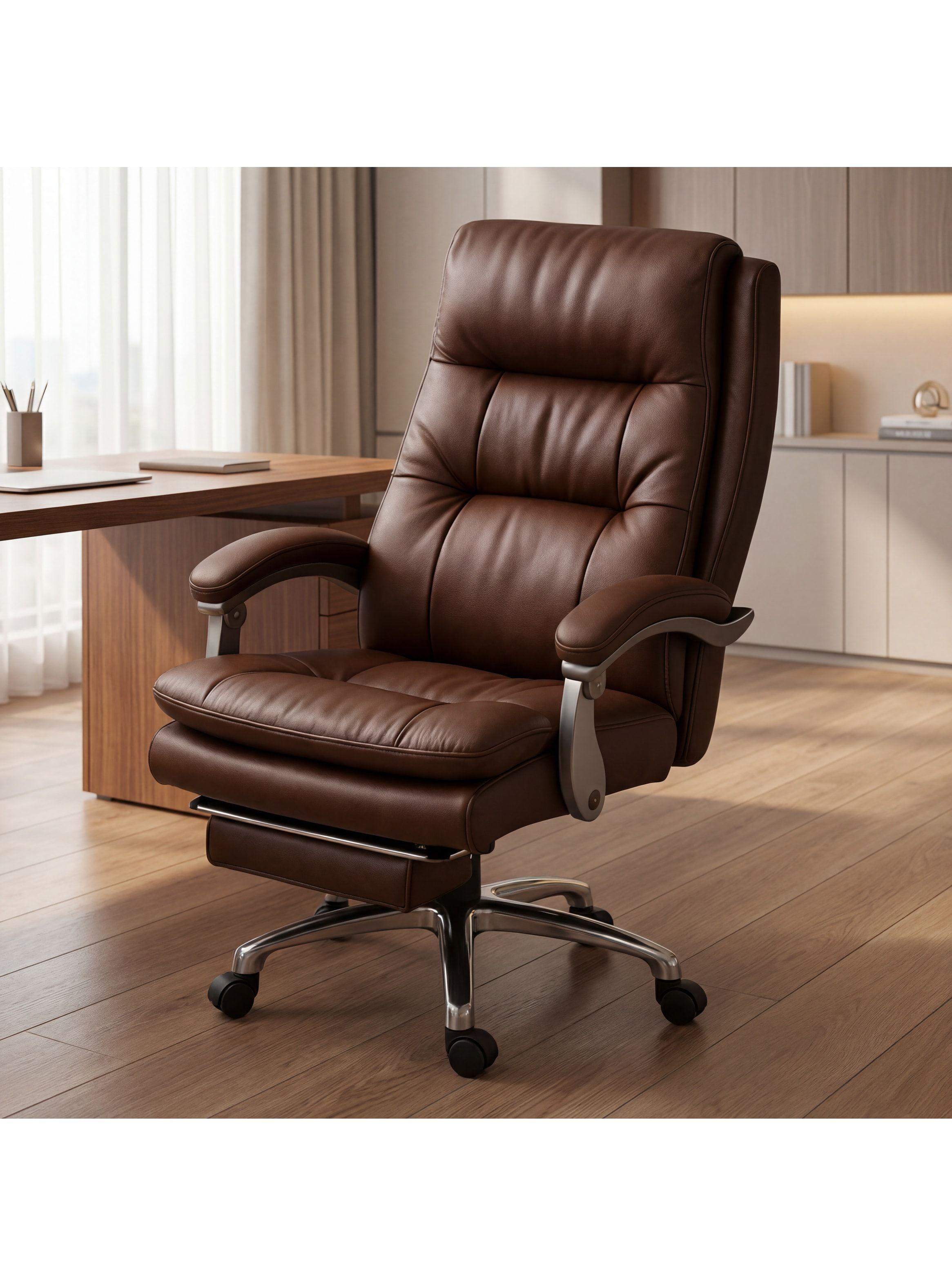 Silla Oficina Gerencial Asiento De Cuero Pata Acero Premium Color Café Material Del Tapizado Cuero-0