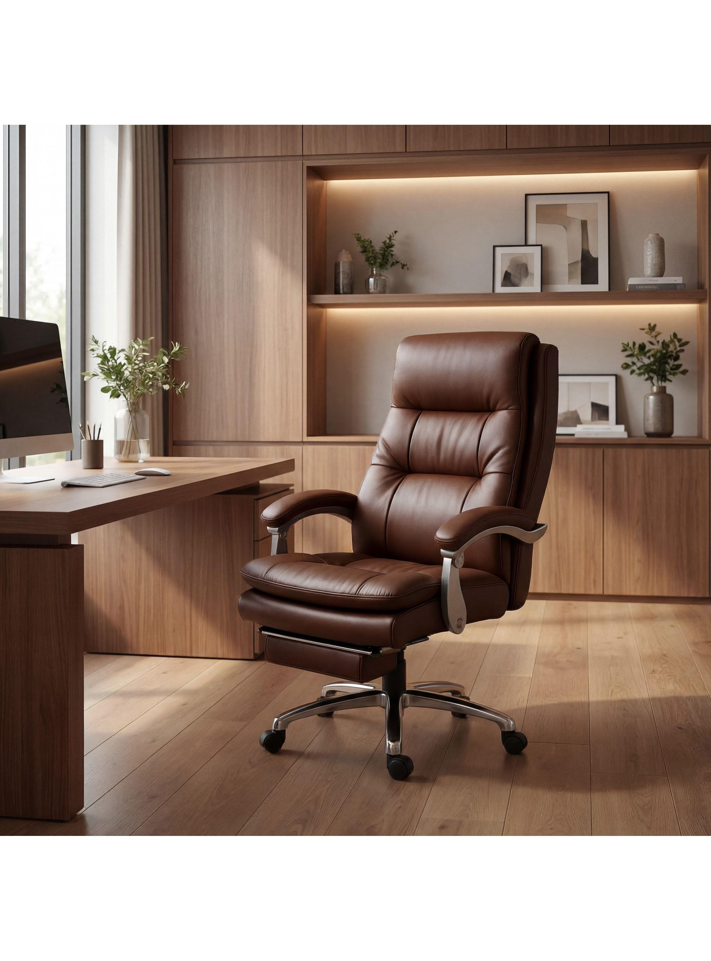 Silla Oficina Gerencial Asiento De Cuero Pata Acero Premium Color Café Material Del Tapizado Cuero-1