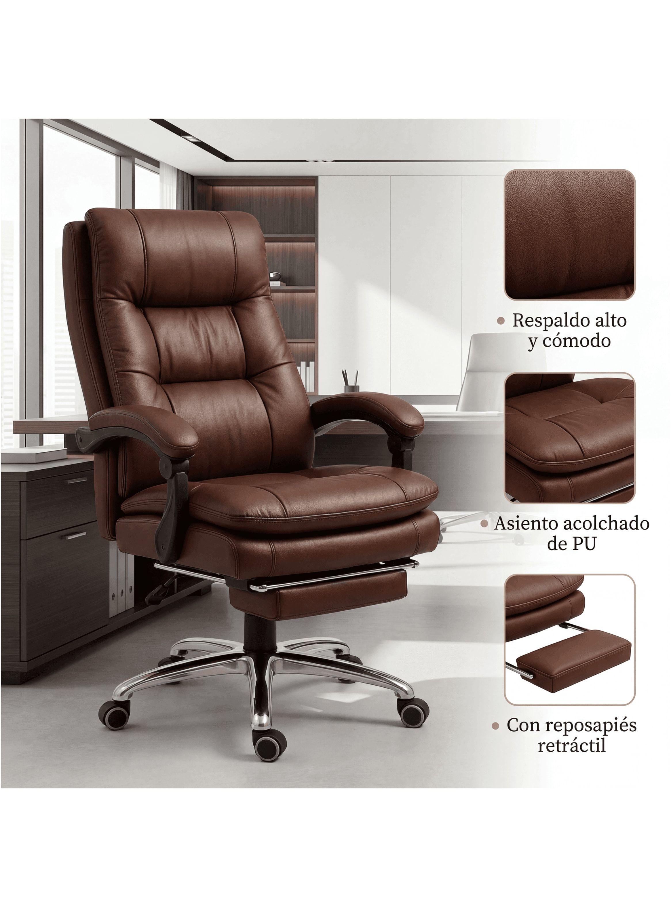 Silla Oficina Gerencial Asiento De Cuero Pata Acero Premium Color Café Material Del Tapizado Cuero-2