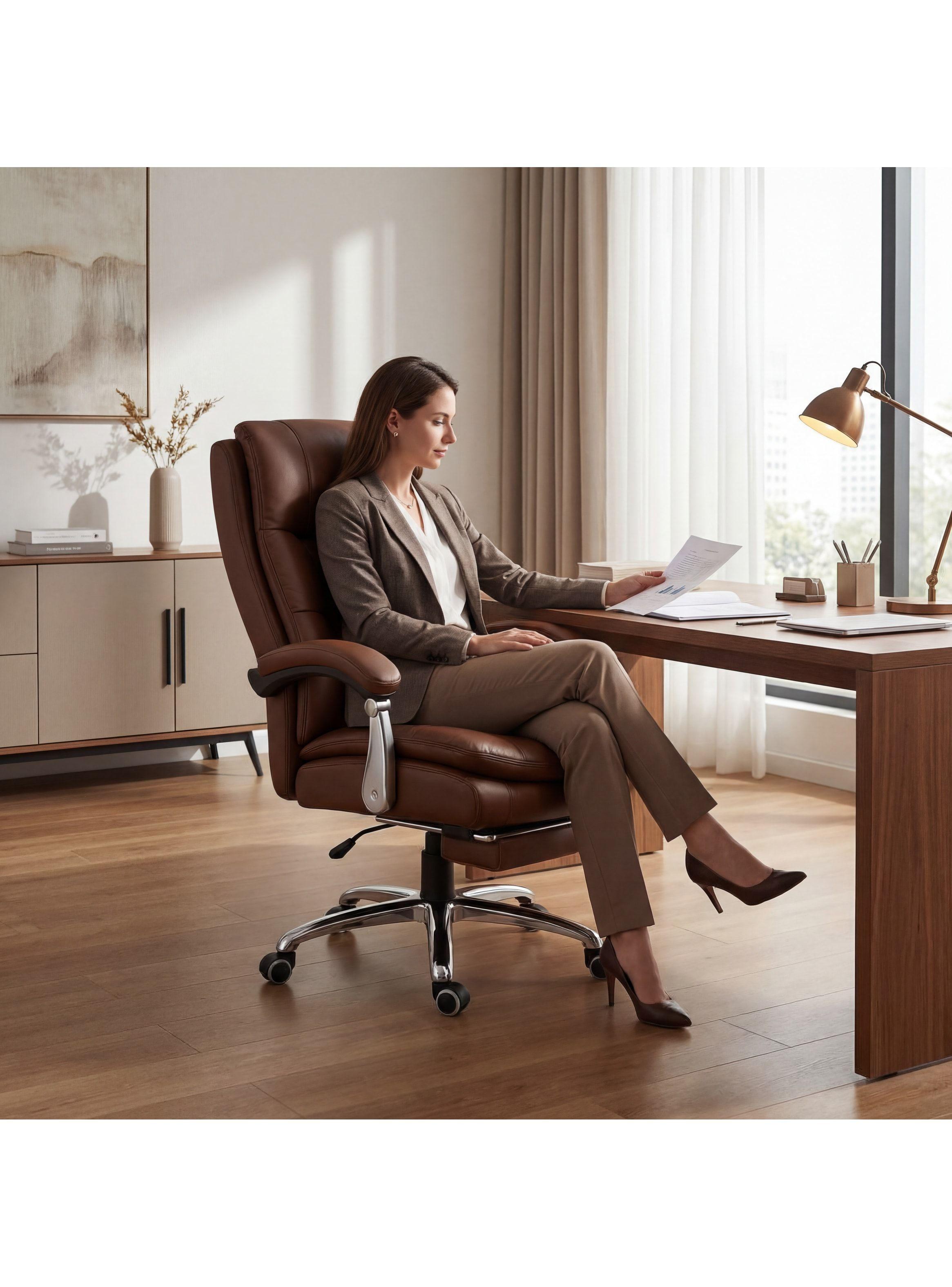 Silla Oficina Gerencial Asiento De Cuero Pata Acero Premium Color Café Material Del Tapizado Cuero-6