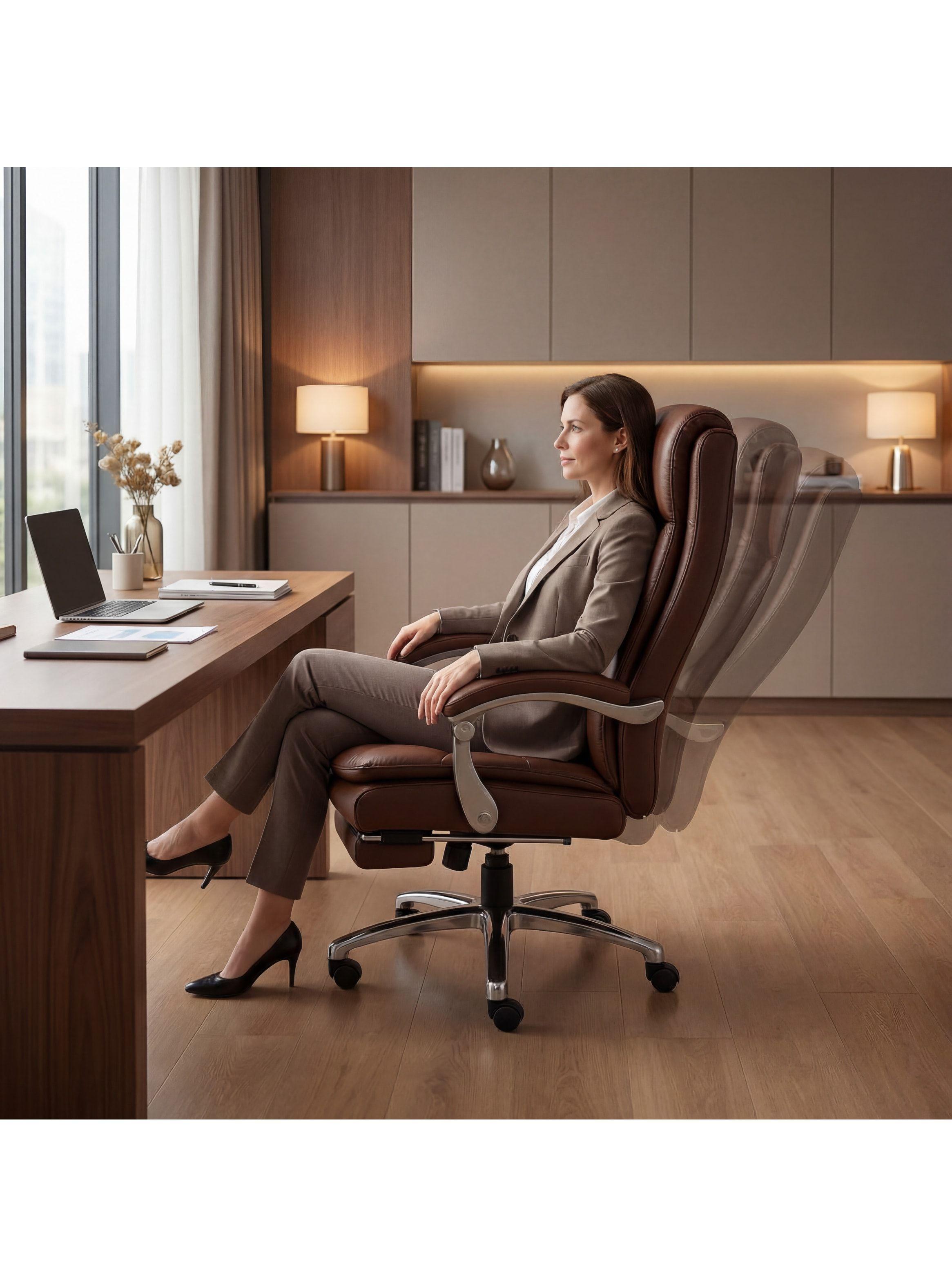 Silla Oficina Gerencial Asiento De Cuero Pata Acero Premium Color Café Material Del Tapizado Cuero-7