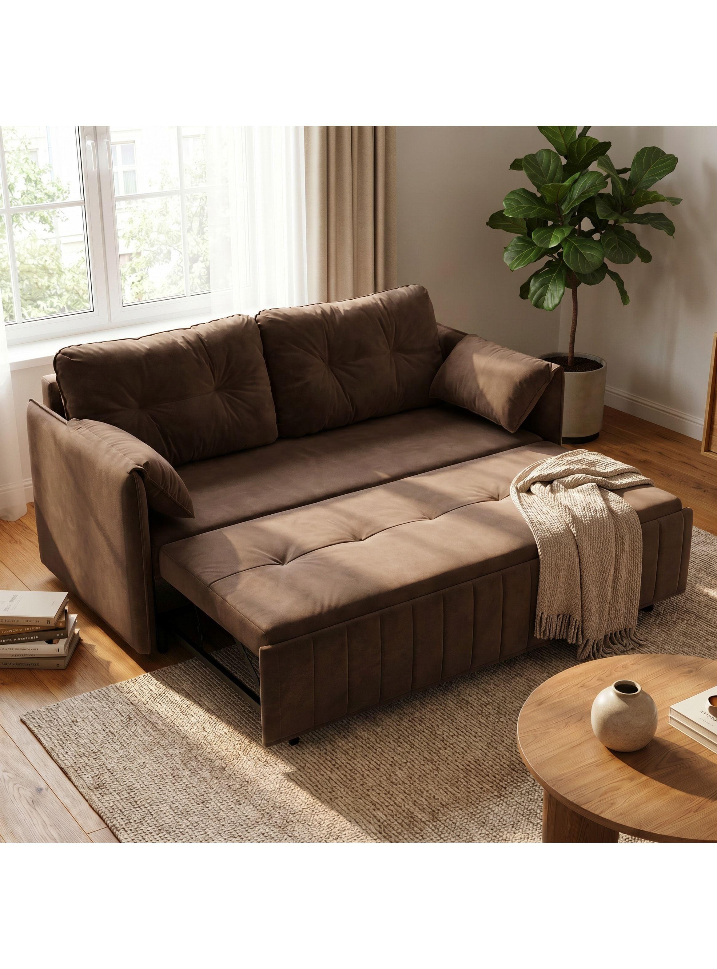 Sofa Cama 140cm Tela Tecnica Base Fierro Con Almacenamiento Marrón Liso-2