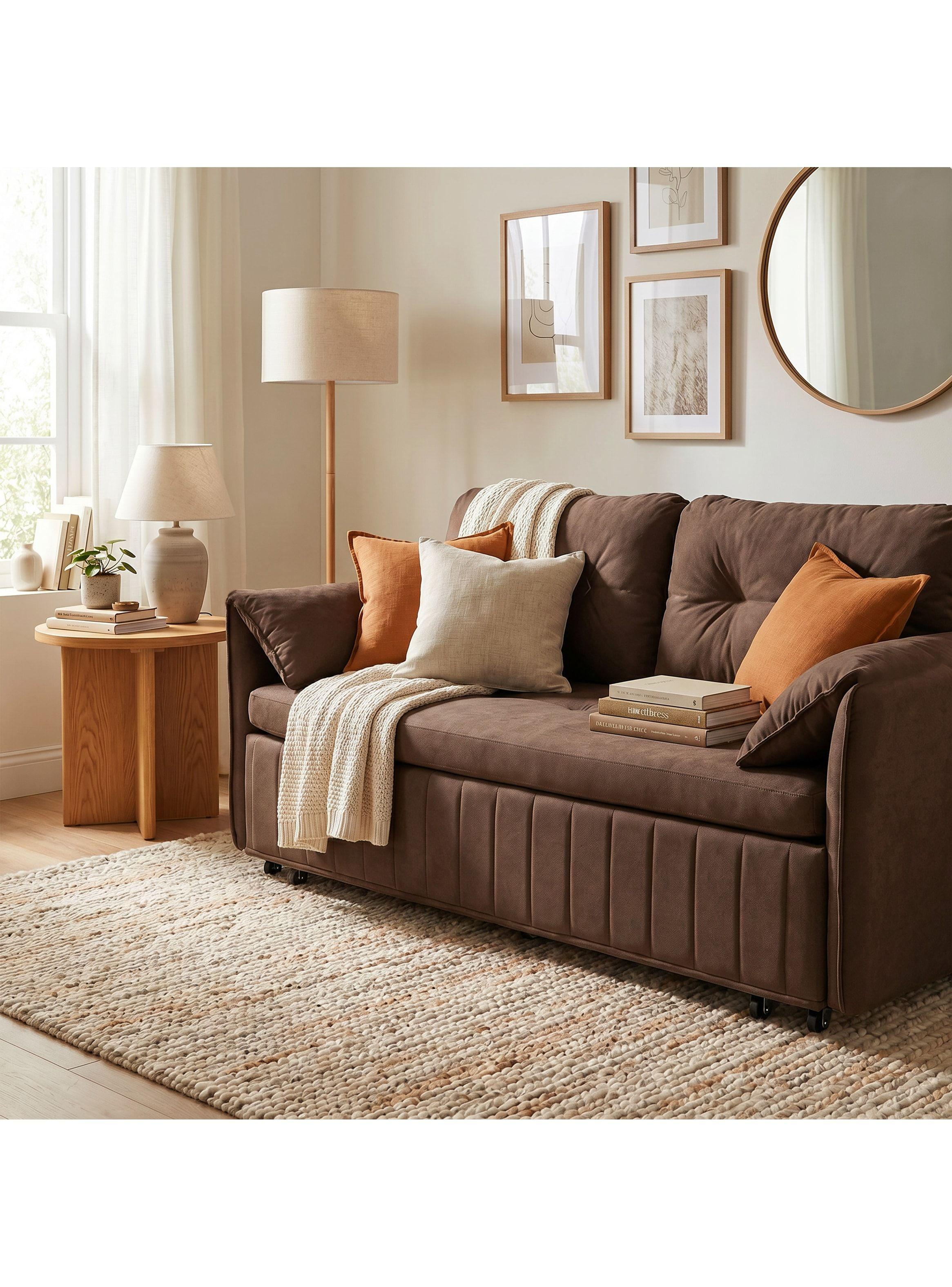 Sofa Cama 140cm Tela Tecnica Base Fierro Con Almacenamiento Marrón Liso-6