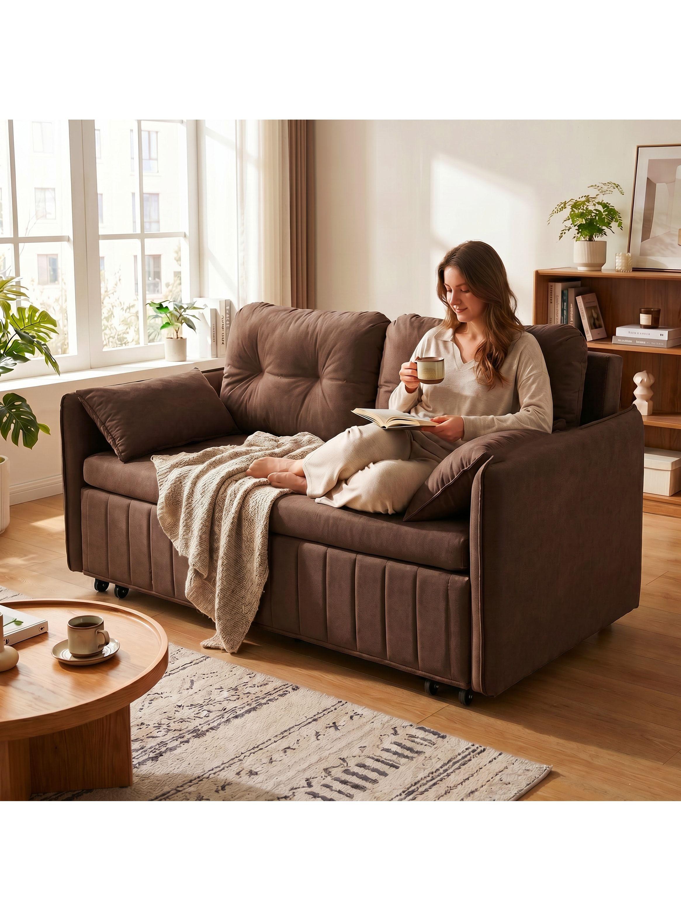 Sofa Cama 140cm Tela Tecnica Base Fierro Con Almacenamiento Marrón Liso-7