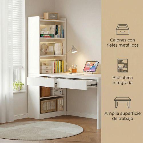 Escritorio Rocio Moderno Con Estantería Lateral 2 Cajones Blanco-3