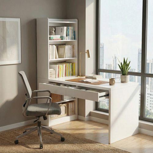 Escritorio Rocio Moderno Con Estantería Lateral 2 Cajones Blanco-5