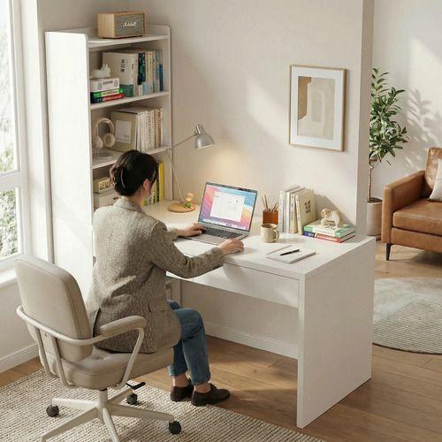 Escritorio Rocio Moderno Con Estantería Lateral 2 Cajones Blanco-6