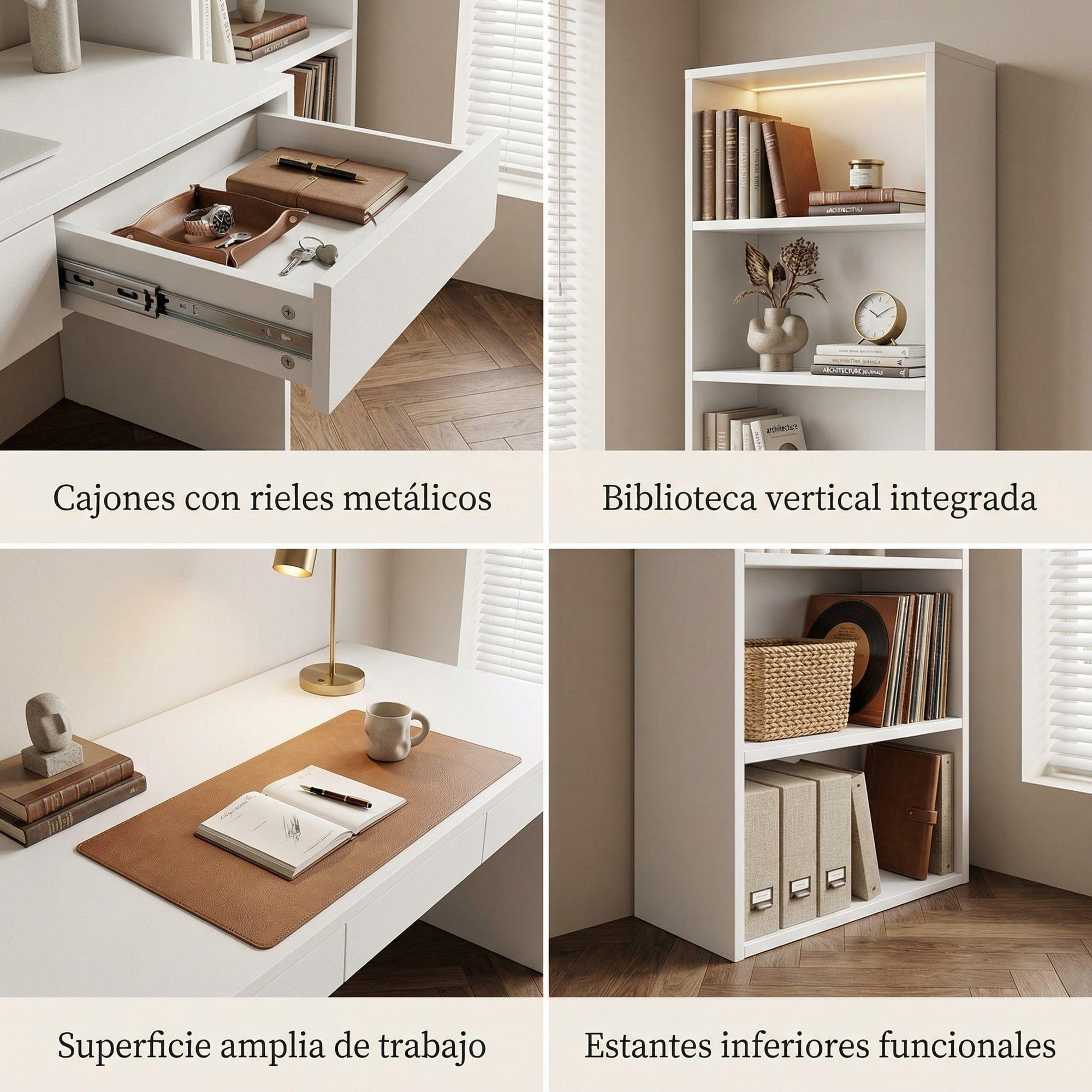 Escritorio Rocio Moderno Con Estantería Lateral 2 Cajones Blanco-4