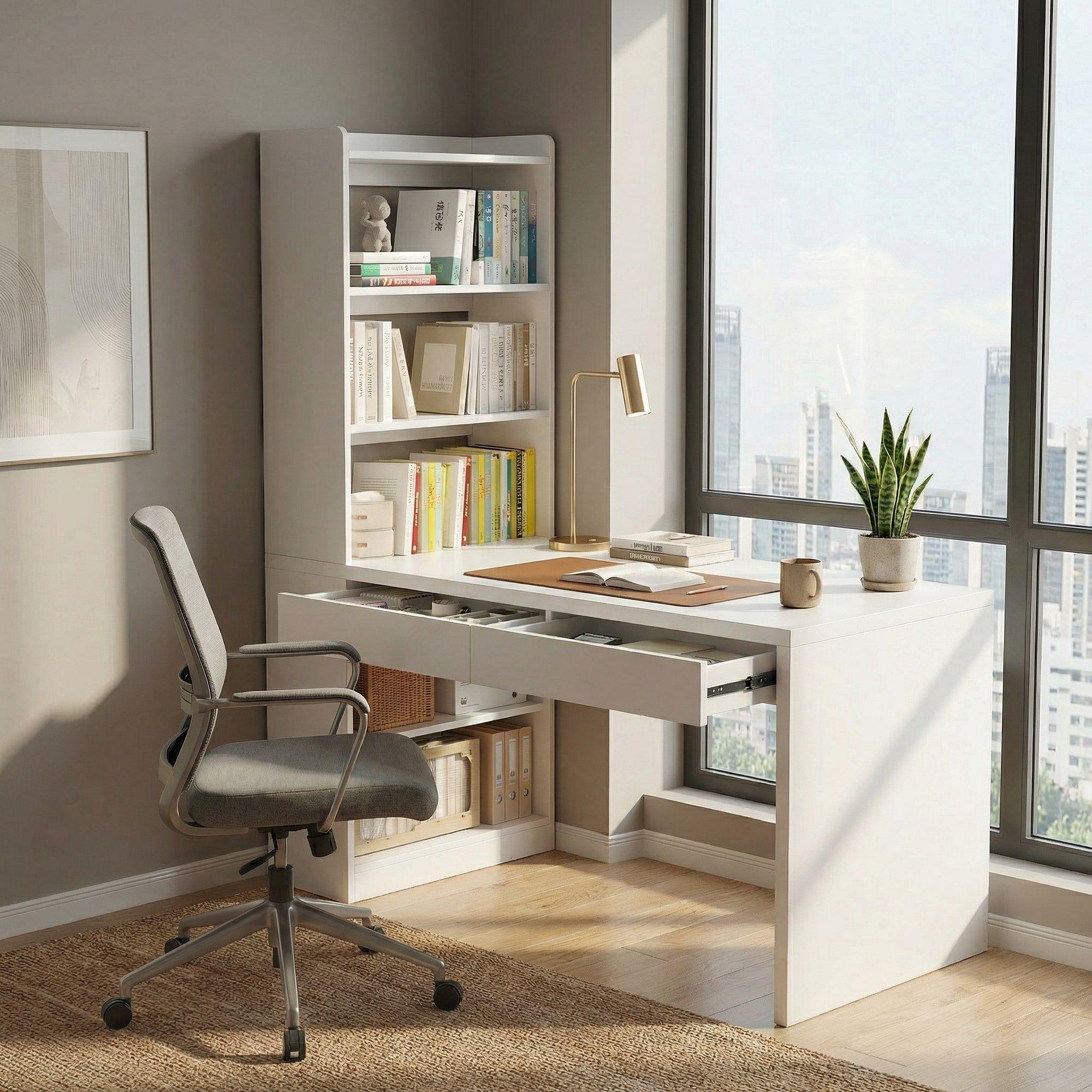 Escritorio Rocio Moderno Con Estantería Lateral 2 Cajones Blanco-5