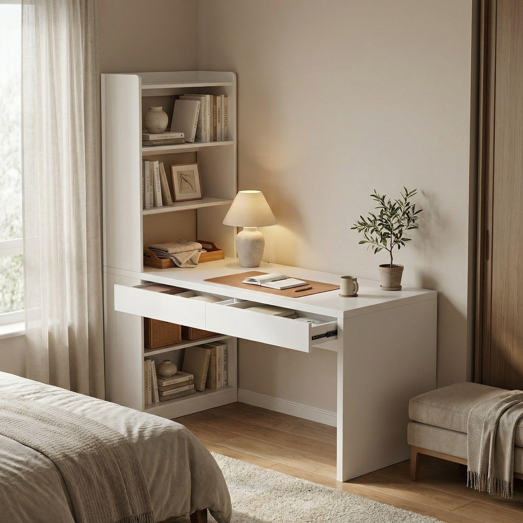 Escritorio Rocio Moderno Con Estantería Lateral 2 Cajones Blanco-7
