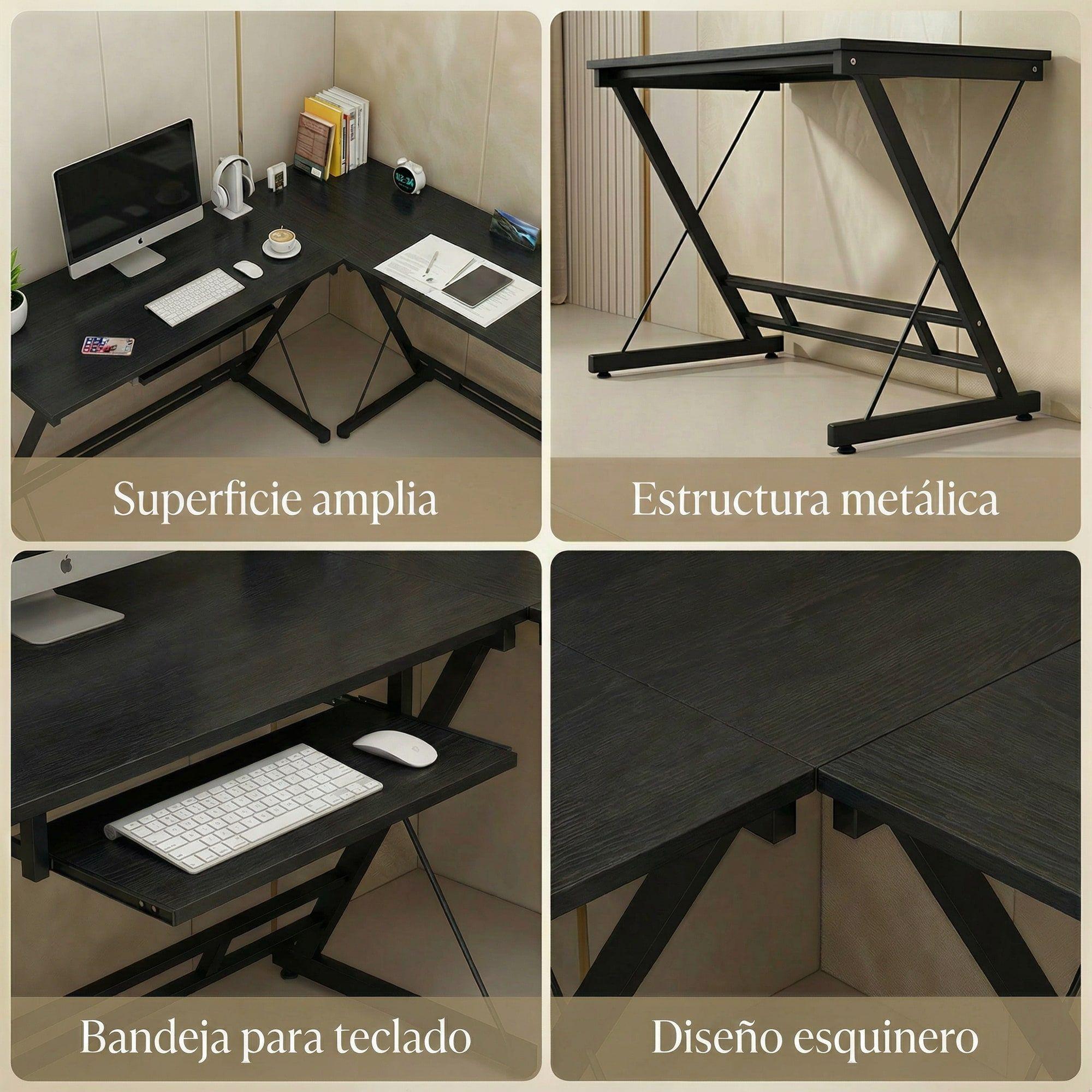 Escritorio Esquinero Forma L Base Metal Oficina 161x51x74cm Negro-3