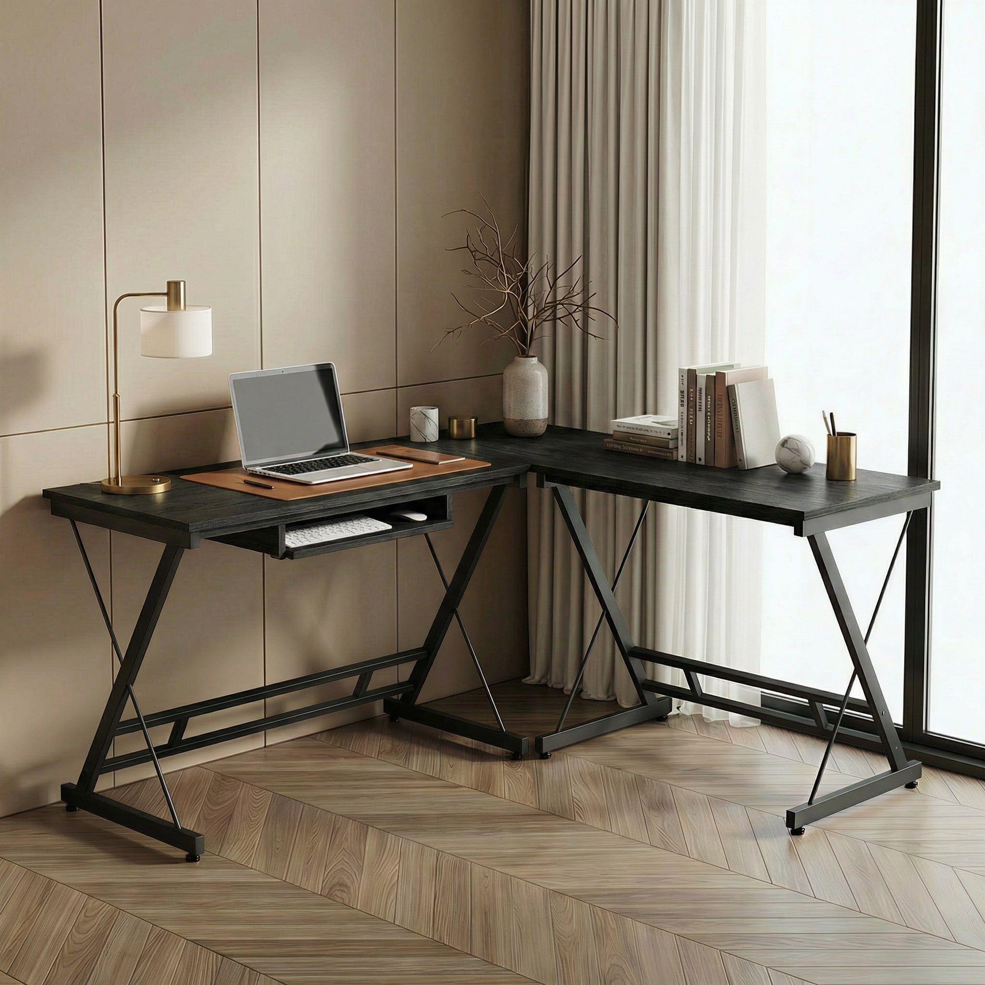 Escritorio Esquinero Forma L Base Metal Oficina 161x51x74cm Negro-5