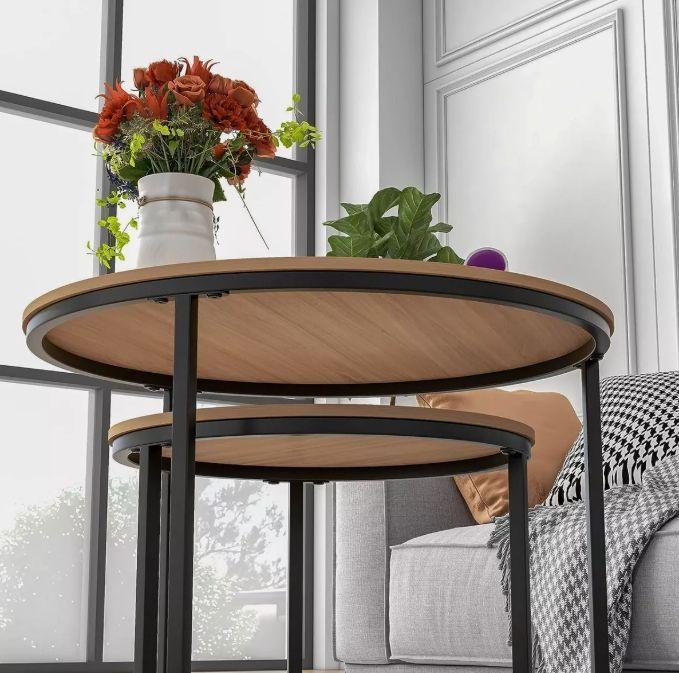 Juego Mesa De Centro Lateral Living Redonda Doble Madera-3