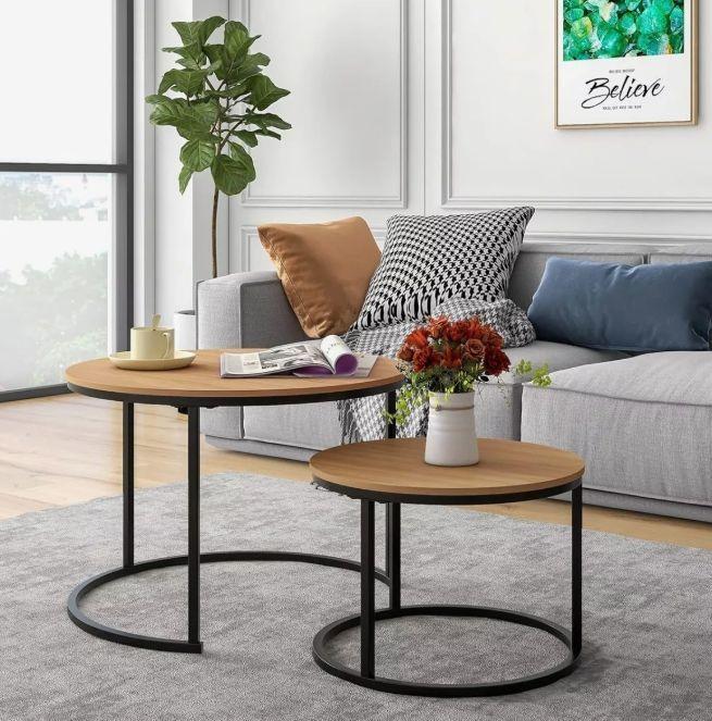 Juego Mesa De Centro Lateral Living Redonda Doble Madera-6