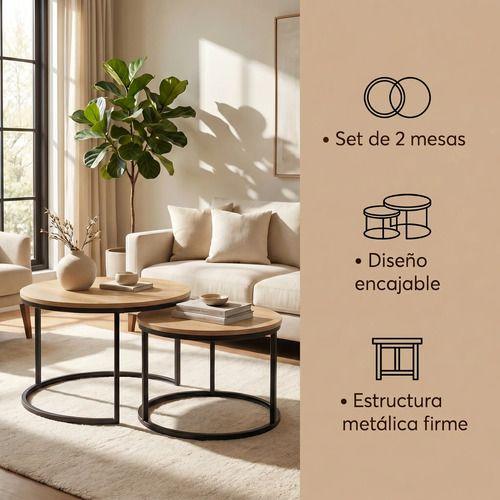 Juego Mesa De Centro Lateral Living Redonda Doble Madera-1