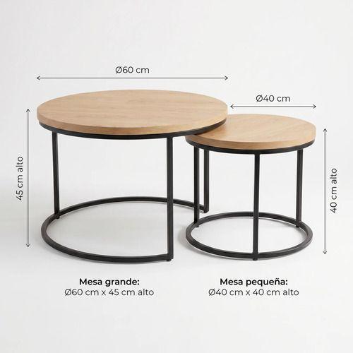 Juego Mesa De Centro Lateral Living Redonda Doble Madera-2