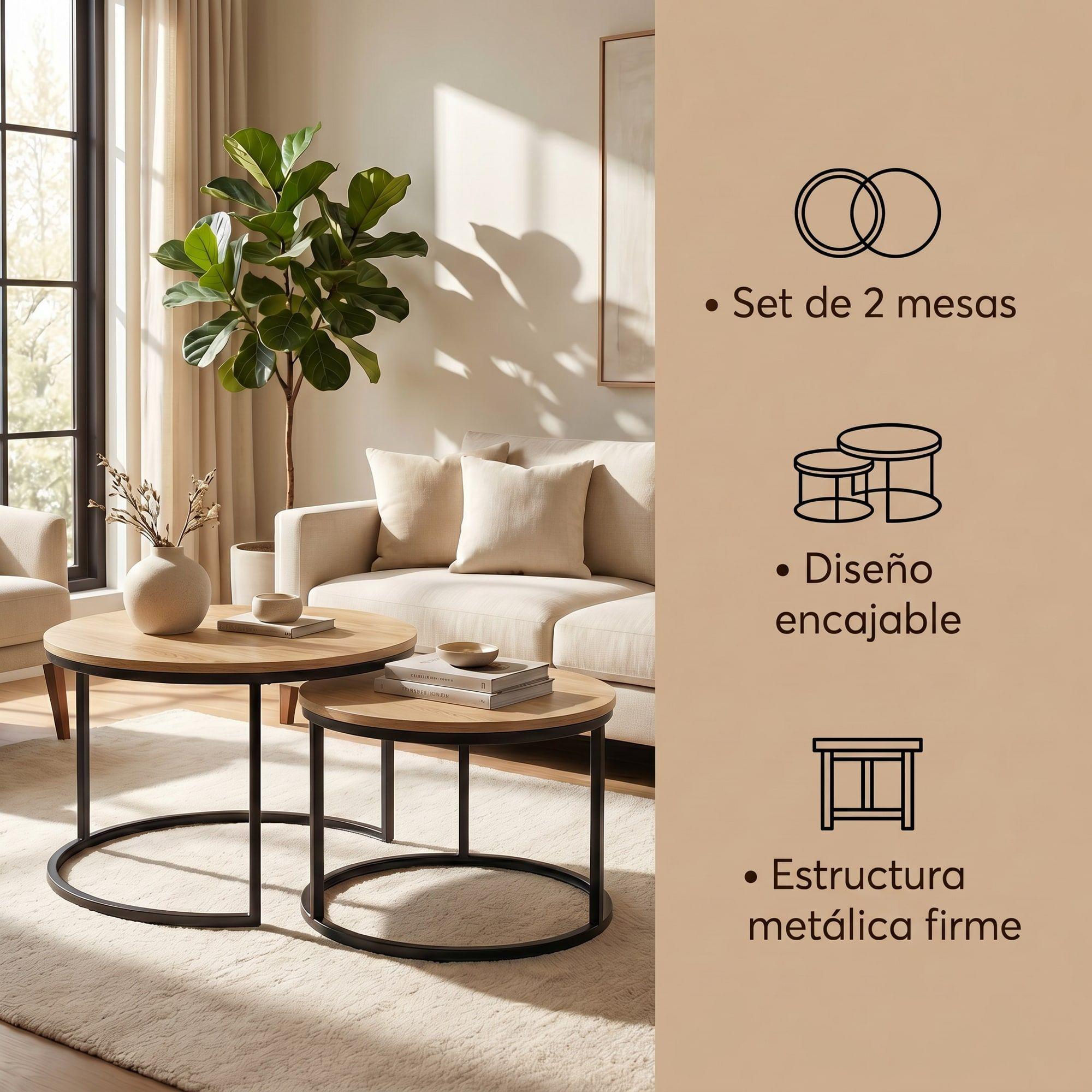 Juego Mesa De Centro Lateral Living Redonda Doble Madera-1