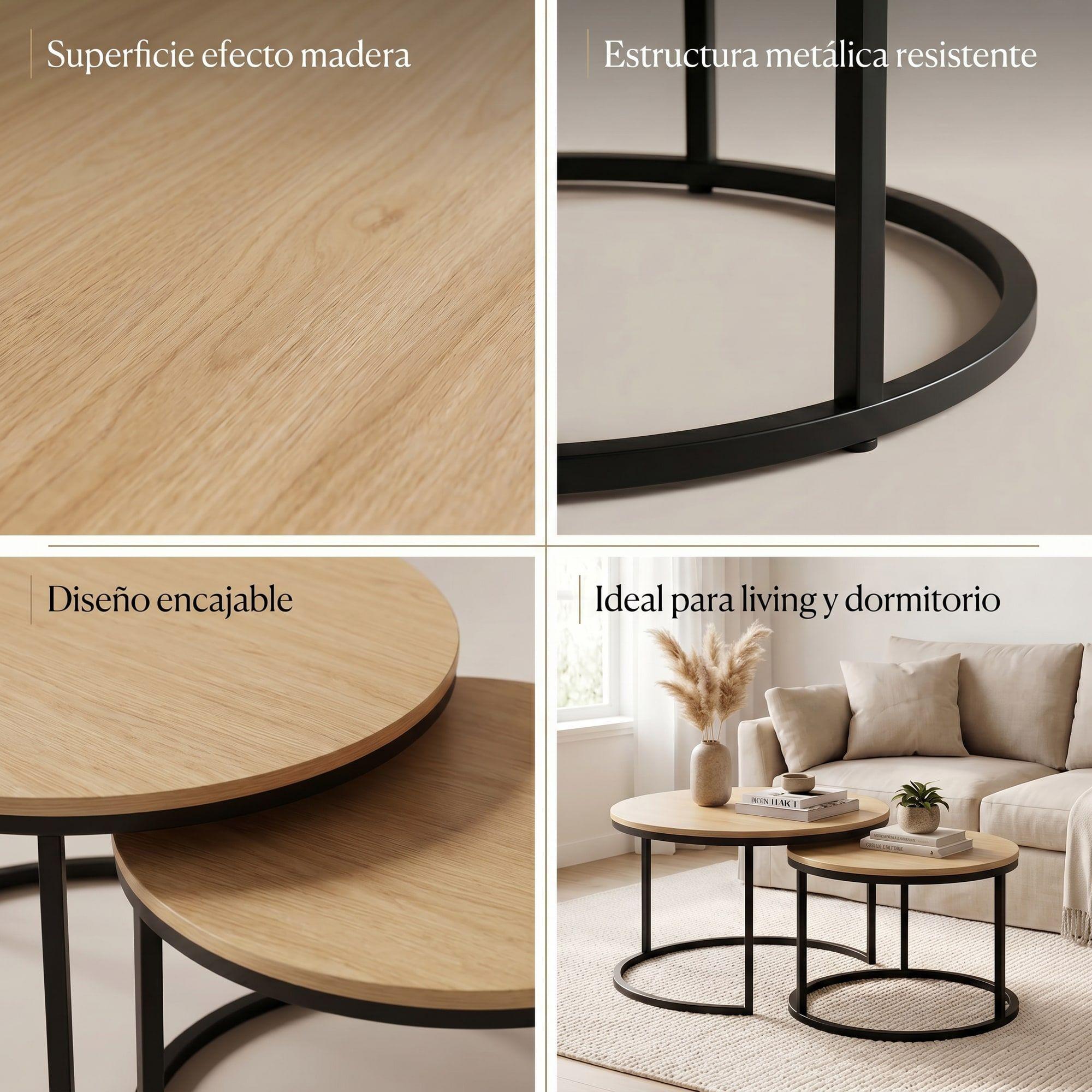 Juego Mesa De Centro Lateral Living Redonda Doble Madera-3