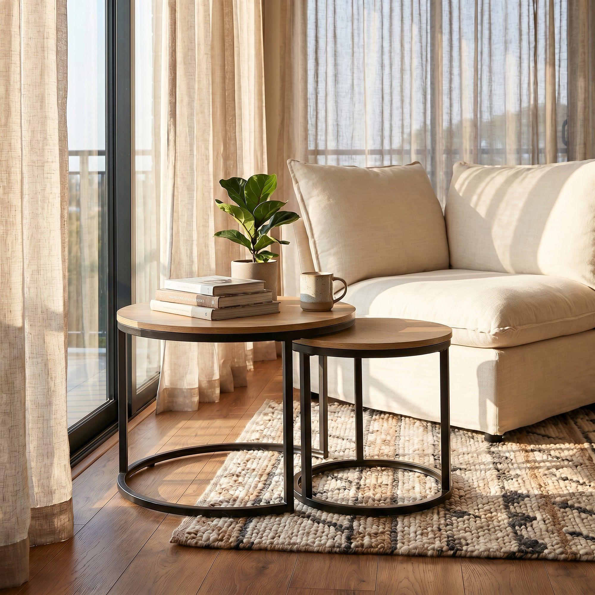 Juego Mesa De Centro Lateral Living Redonda Doble Madera-6