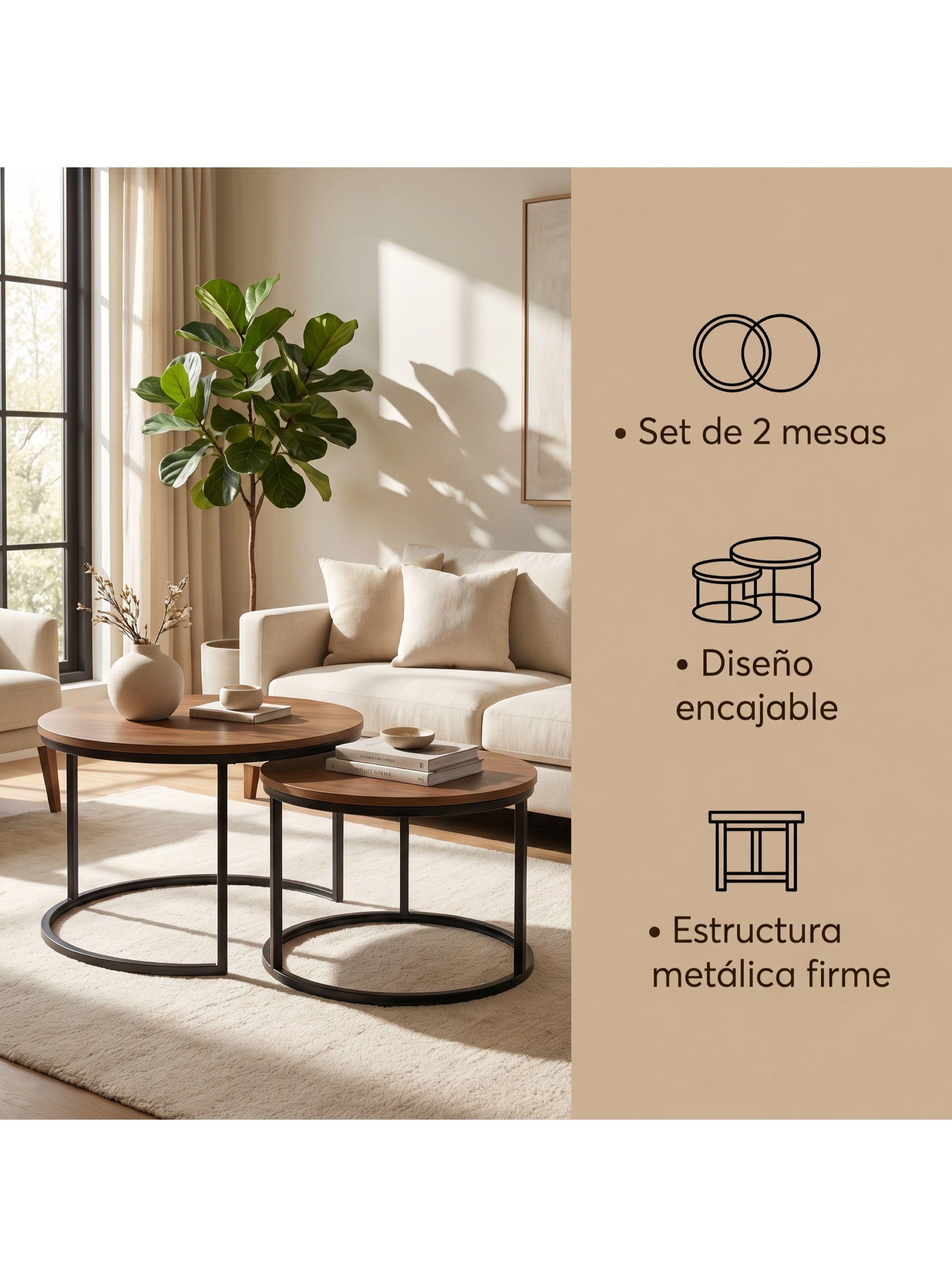 Juego Mesa De Centro Lateral Living Redonda Doble Madera-1