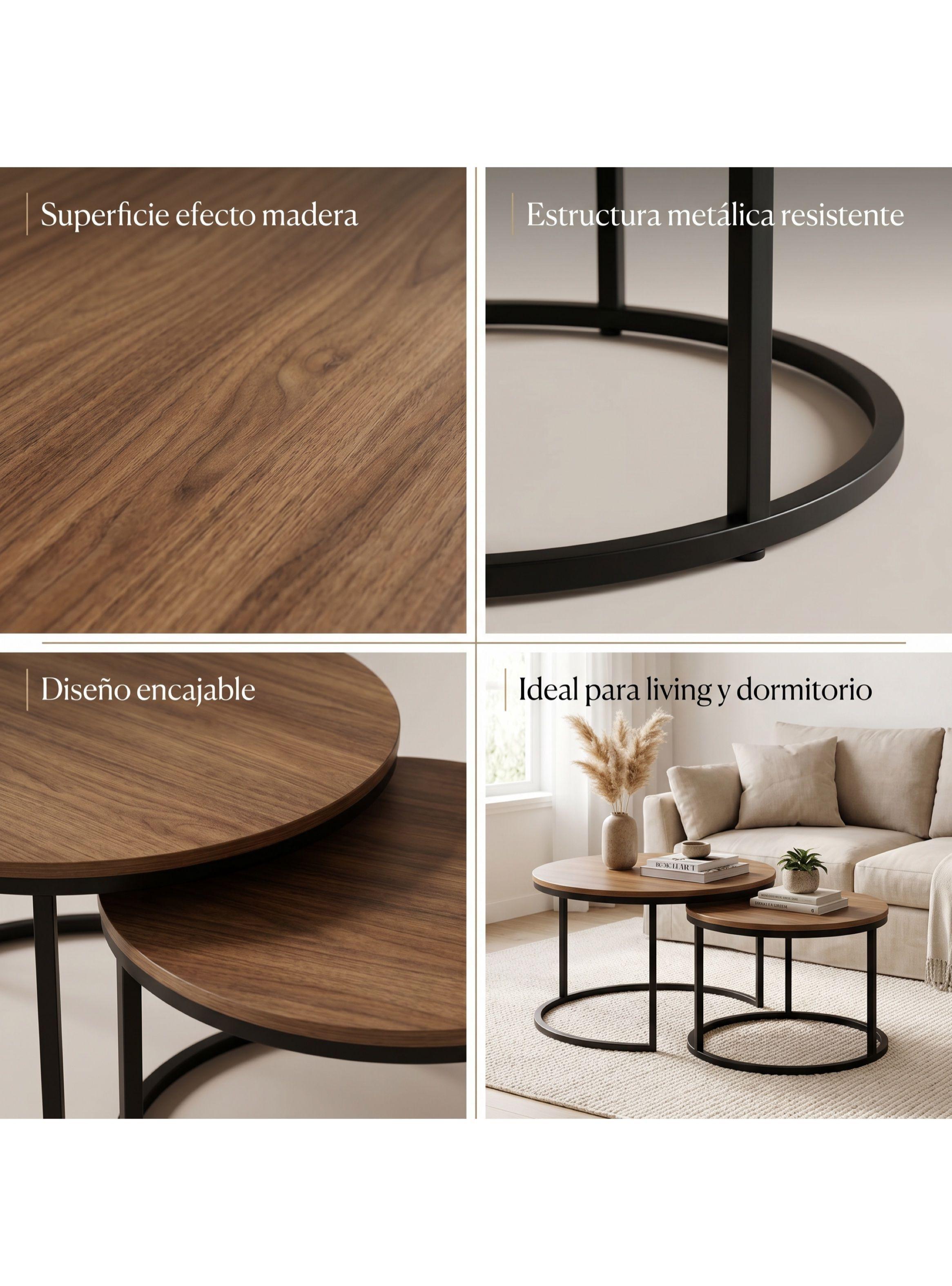 Juego Mesa De Centro Lateral Living Redonda Doble Madera-3