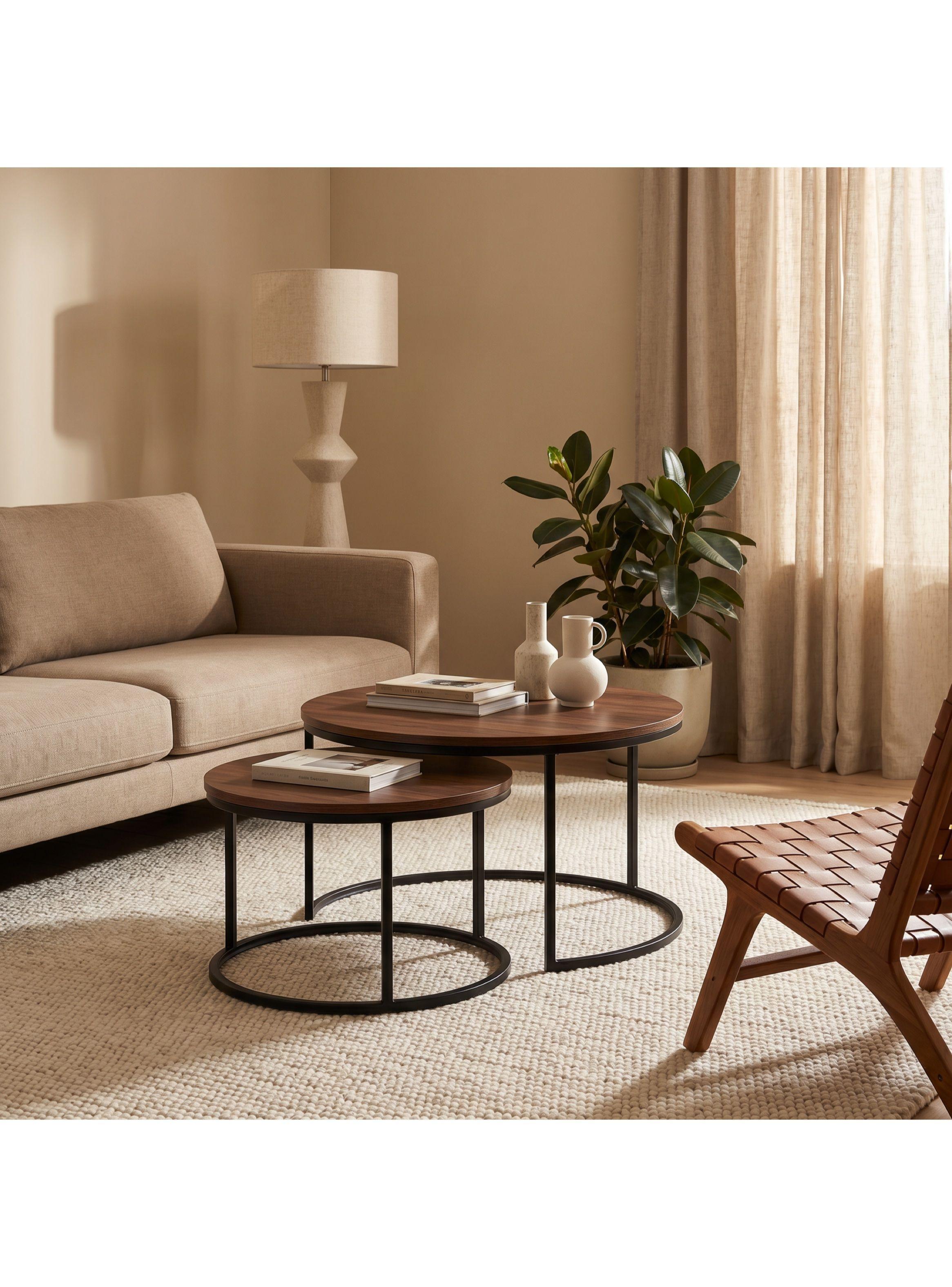 Juego Mesa De Centro Lateral Living Redonda Doble Madera-6