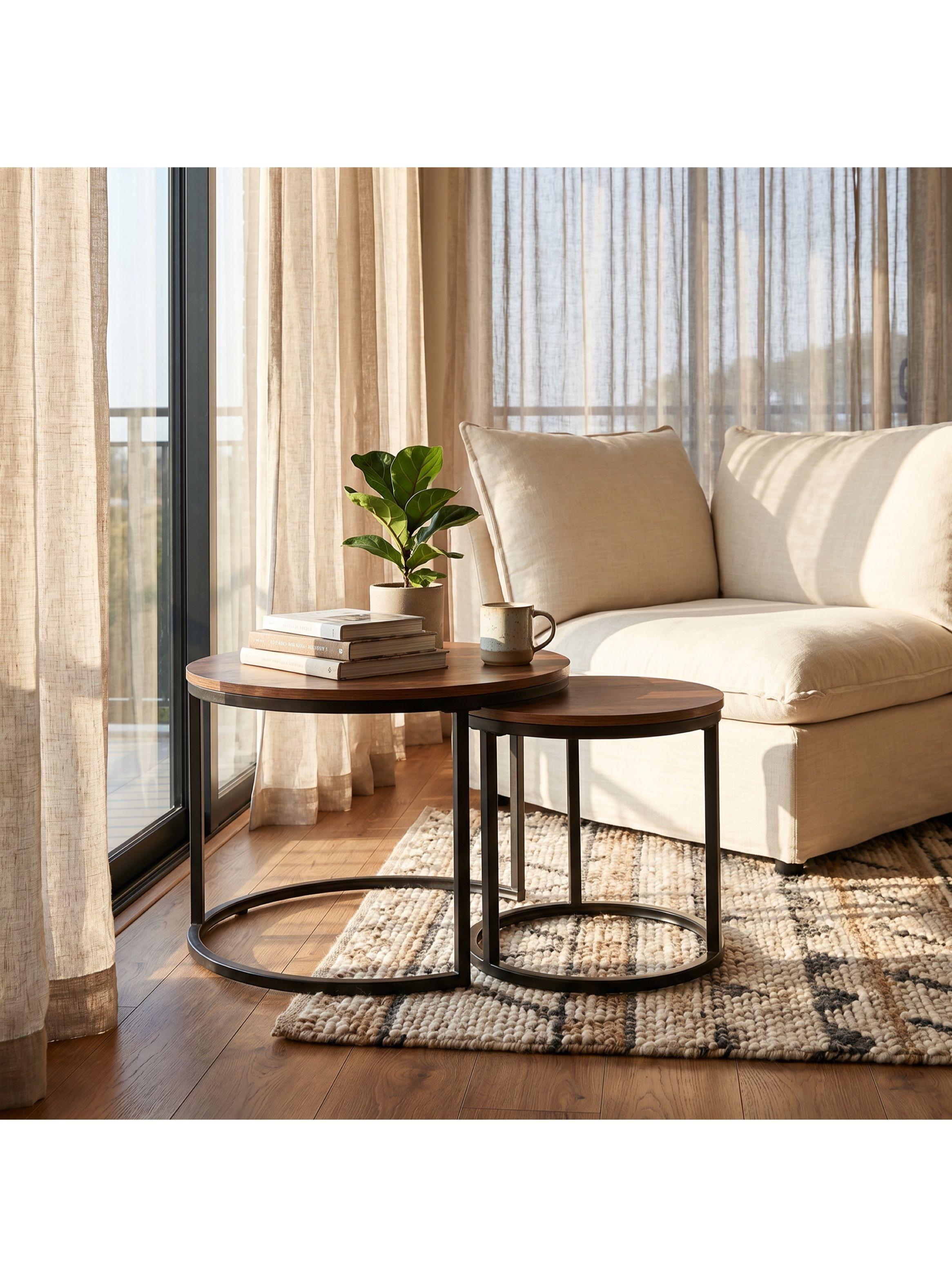 Juego Mesa De Centro Lateral Living Redonda Doble Madera-7
