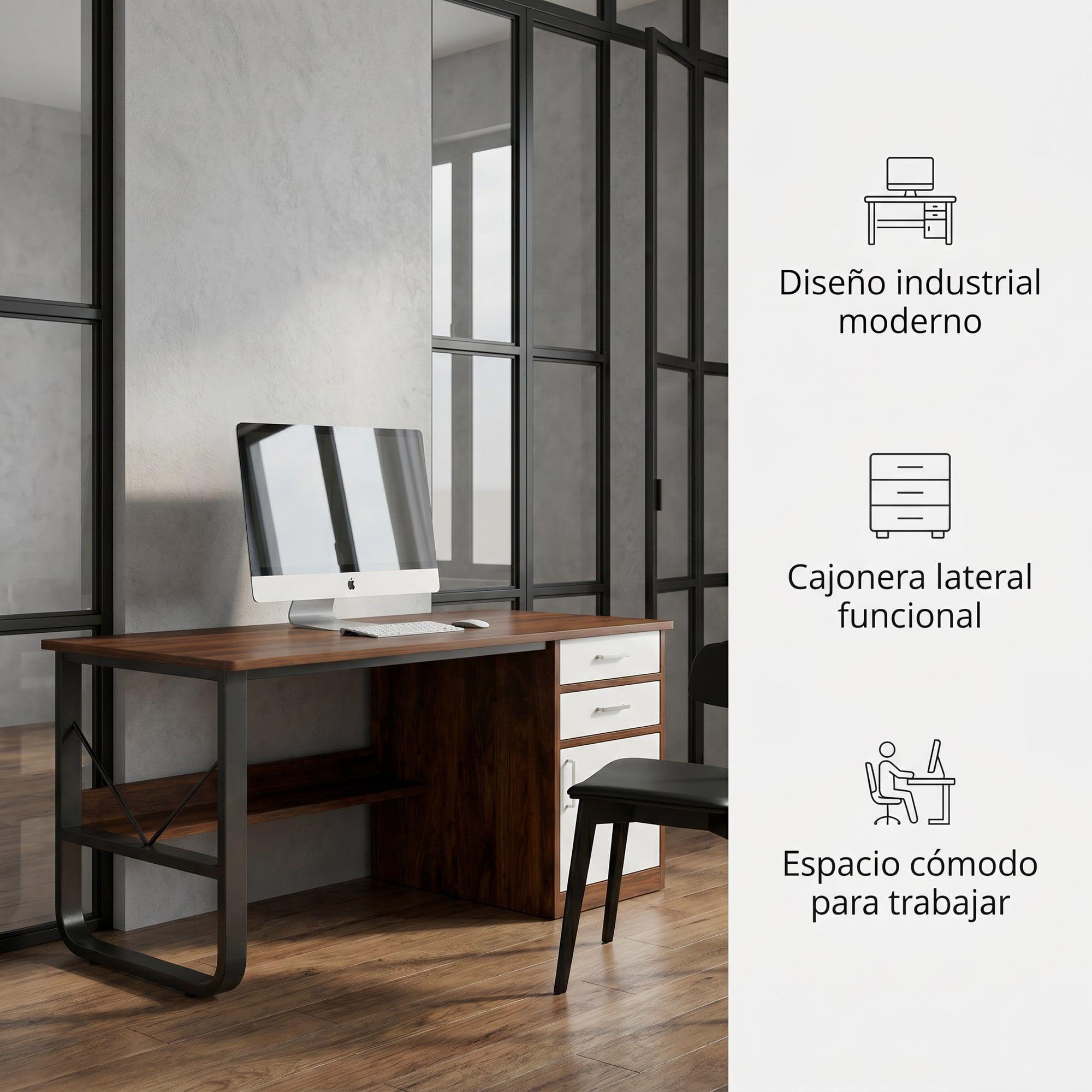 Escritorio Moderno Con Cajoneras 100x60x72cm Para Oficina Marrón Oscuro-1