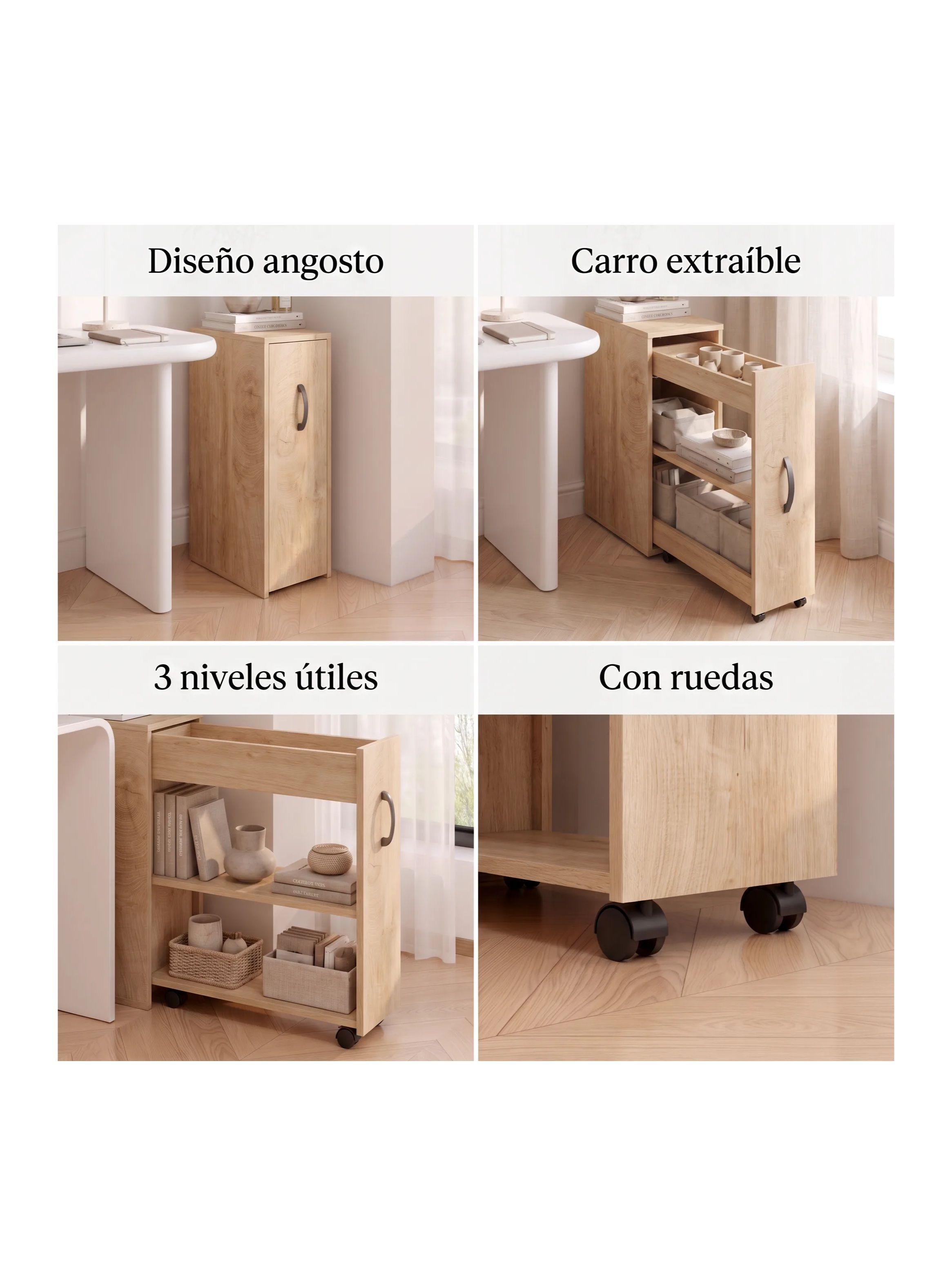 Gabinete Archivador Multifuncional Oficina Ruedas 3 Estantes Madera Clara-4